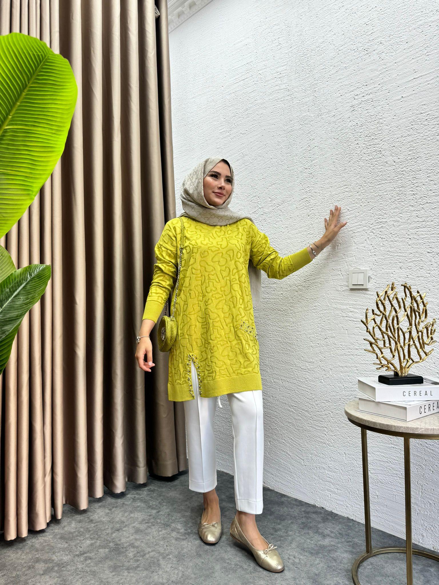 Pearl Embroidered Merserized Tunic Oil Green