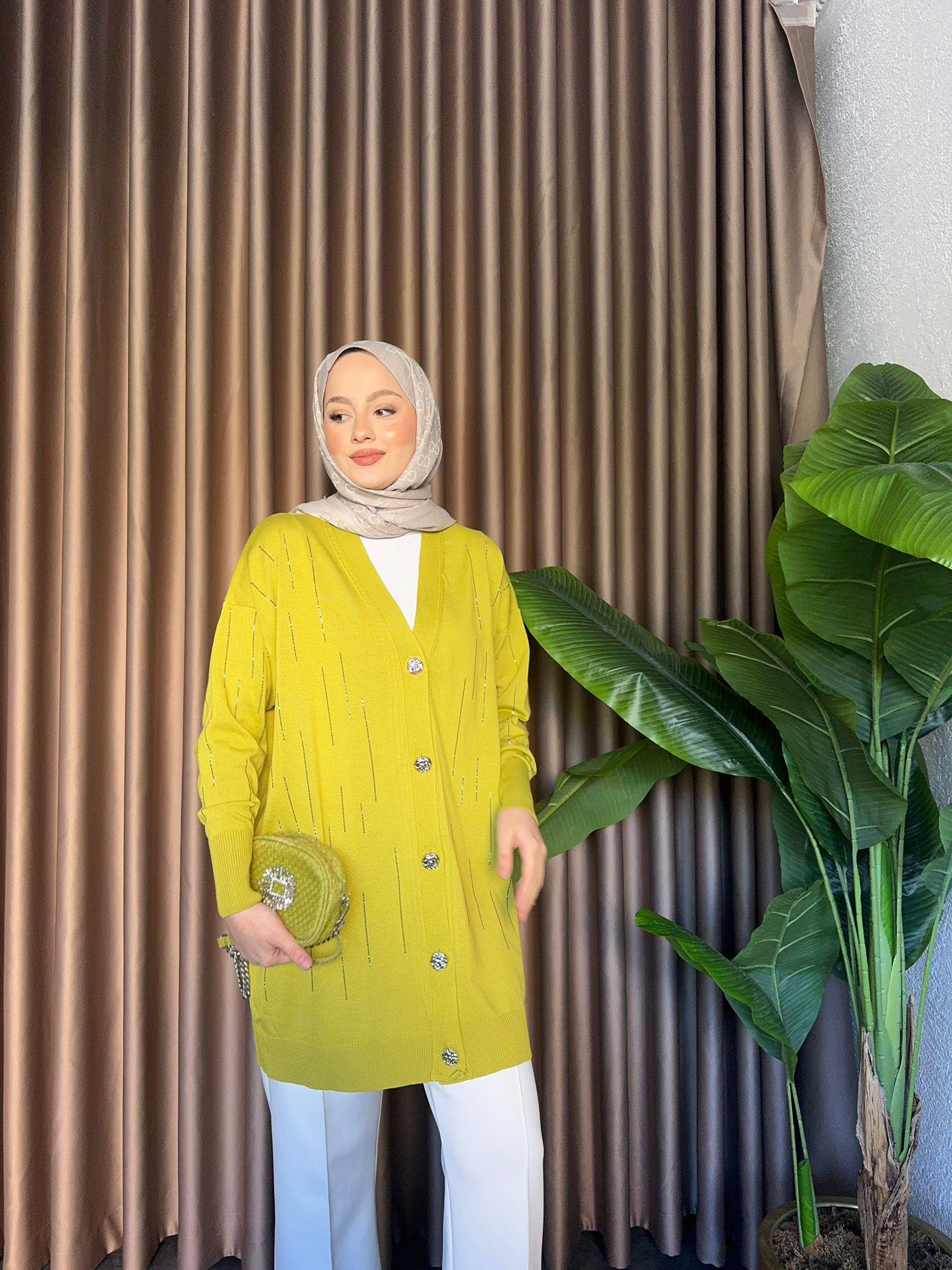 Shining Merserized Cardigan Oil Yesili