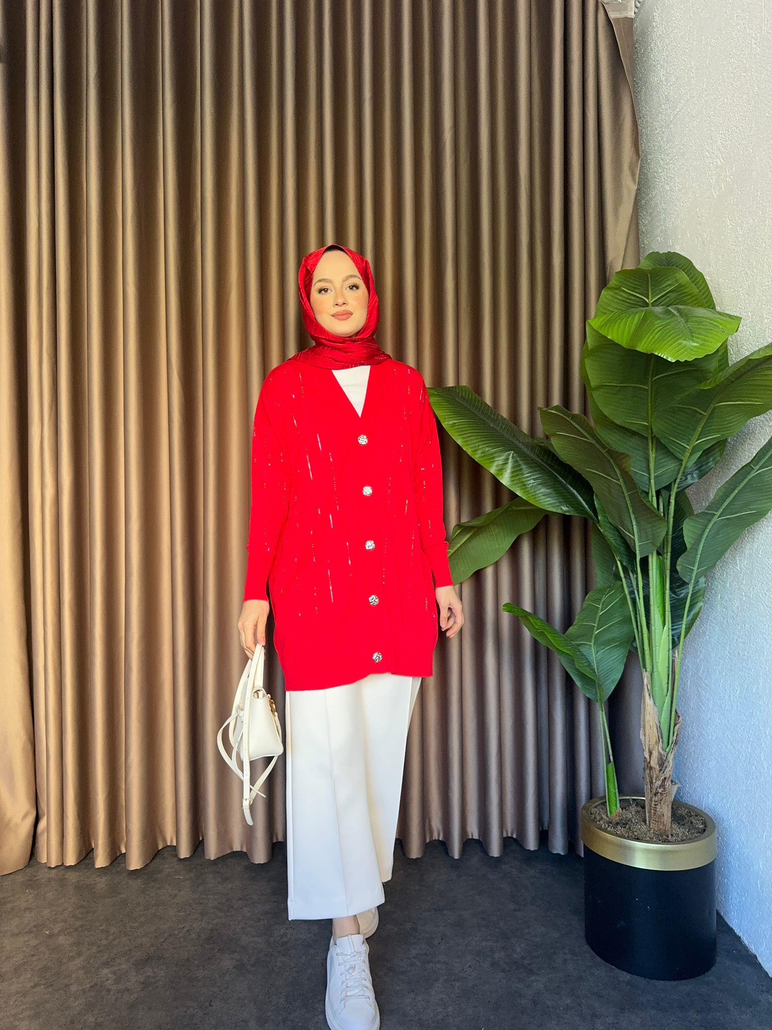 Shining Merserized Cardigan Red