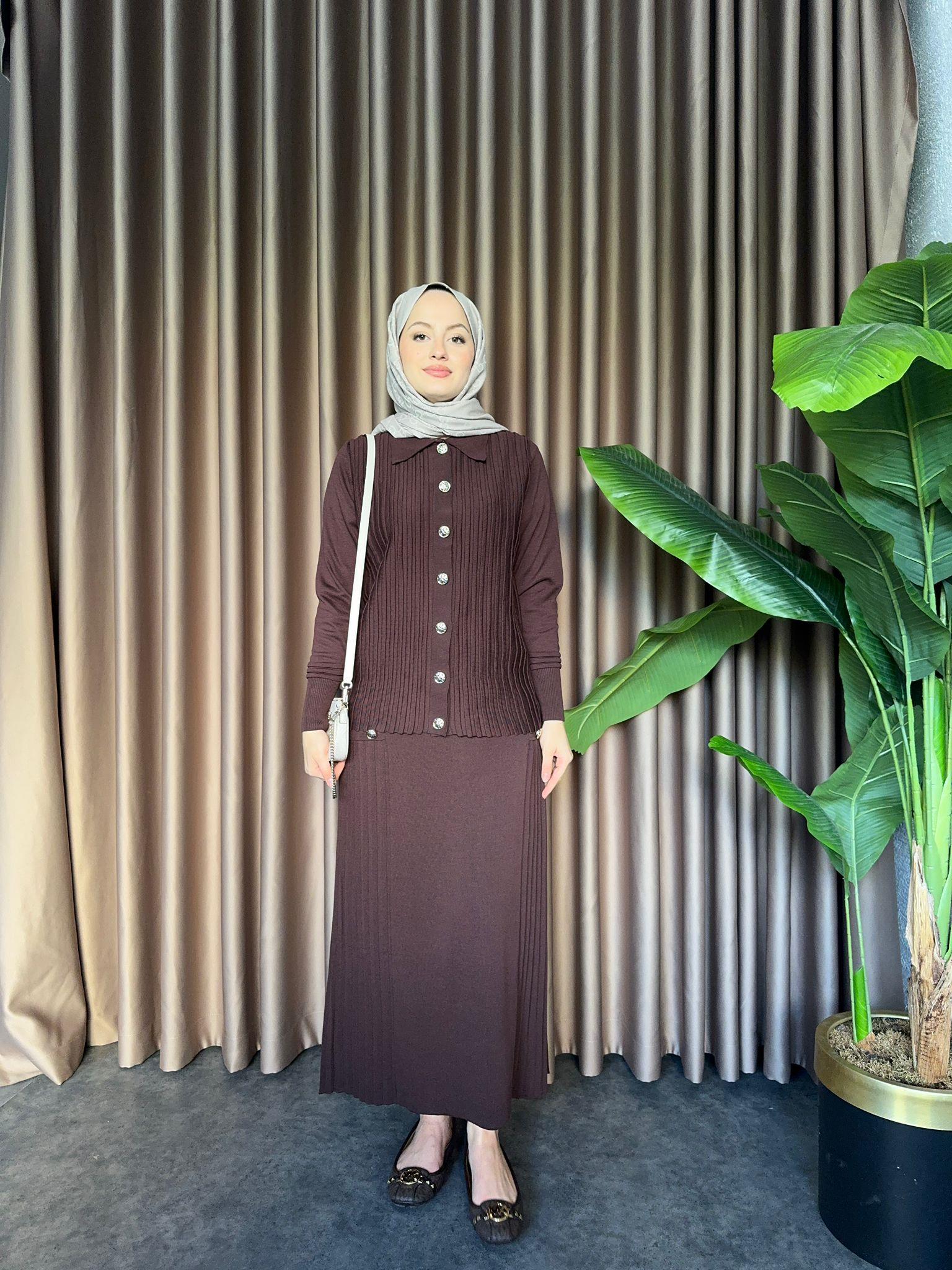 Lüx Gold Buttoned Merserized Skirt Set Brown