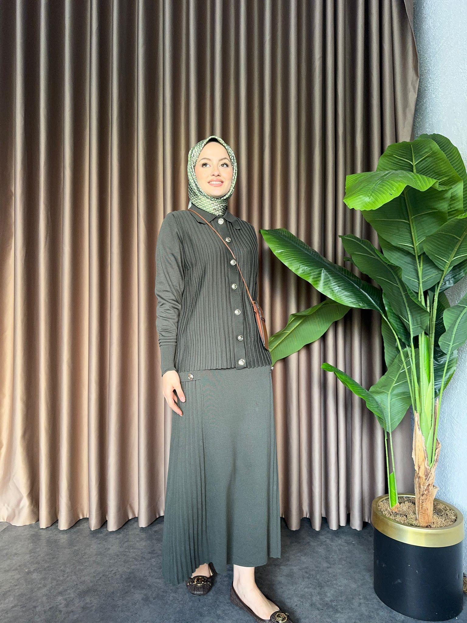 Lüx Gold Buttoned Merserized Skirt Set Khaki