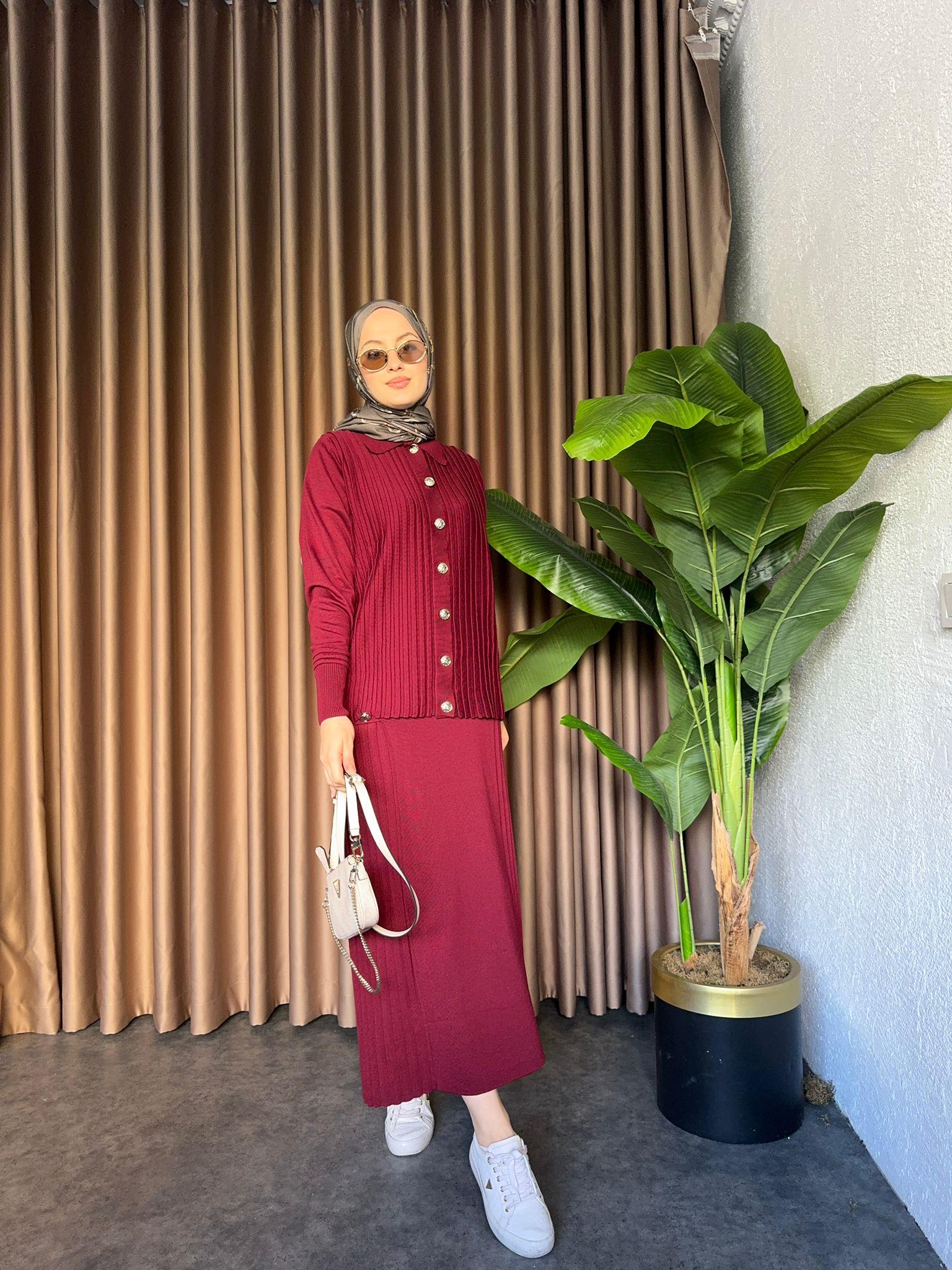 Lüx Gold Buttoned Merserized Skirt Set Burgundy