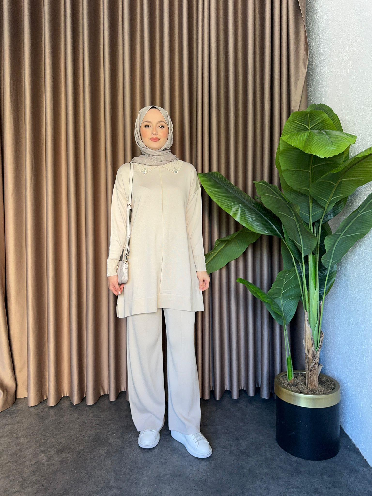 Embellished Merserized Knit 2-Piece Set Beige