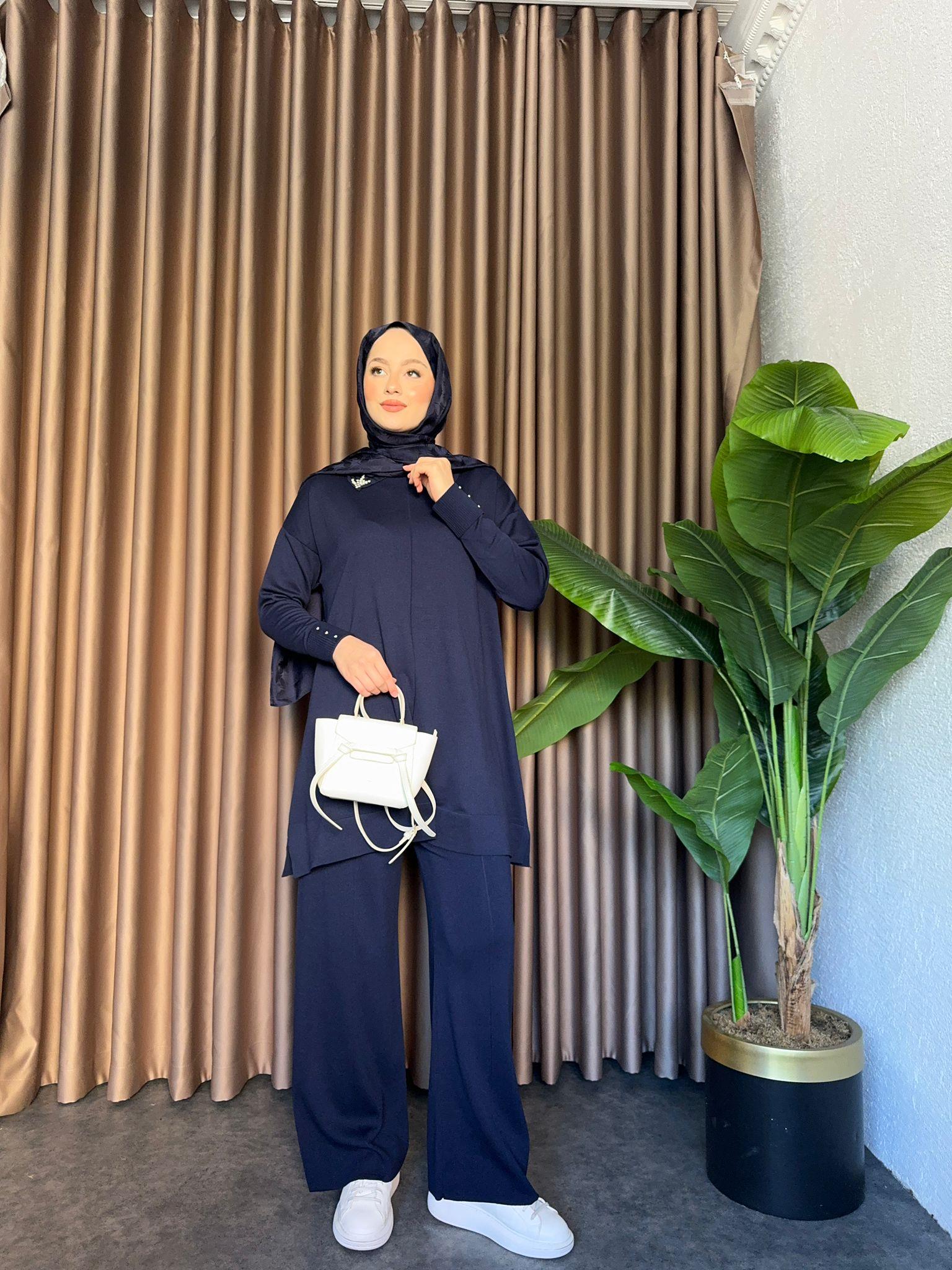 Embellished Merserized Knit 2-Piece Set Navy