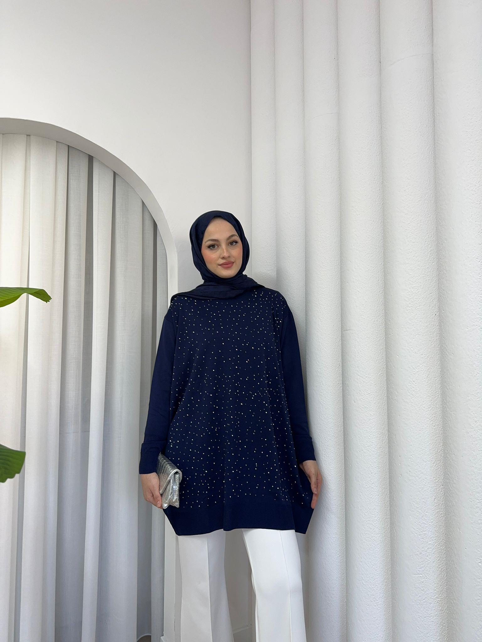 Beige Printed Merserized  Tunic Navy