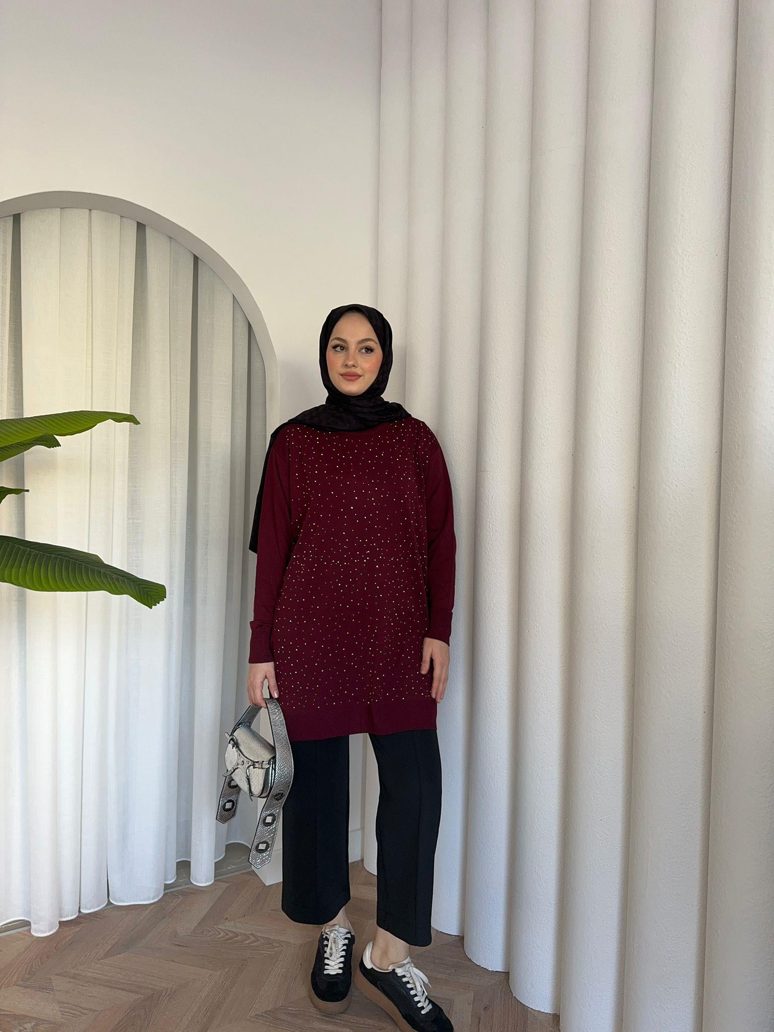 Beige Printed Merserized  Tunic Burgundy