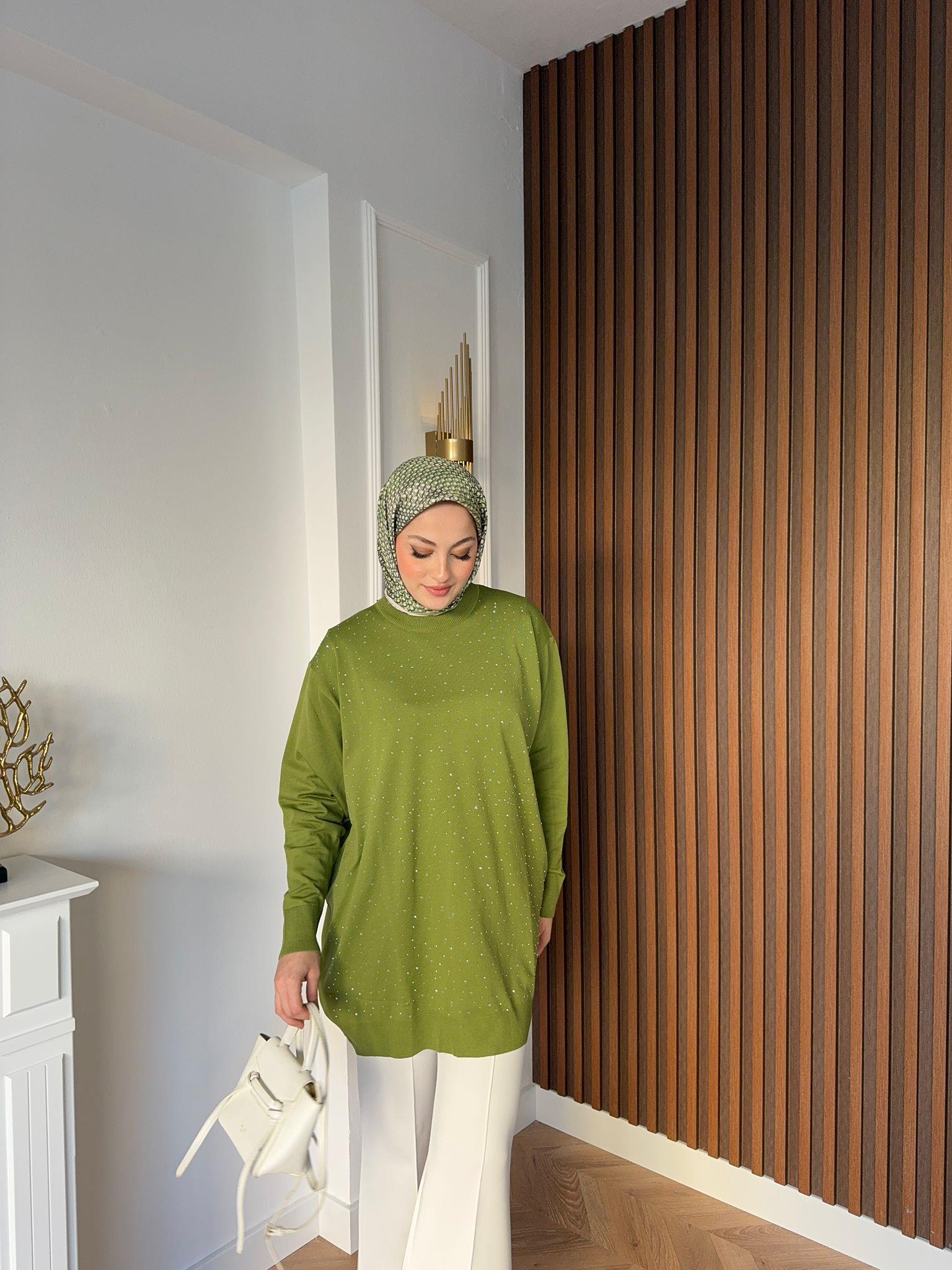 Beige Printed Merserized  Tunic Fıstık Green