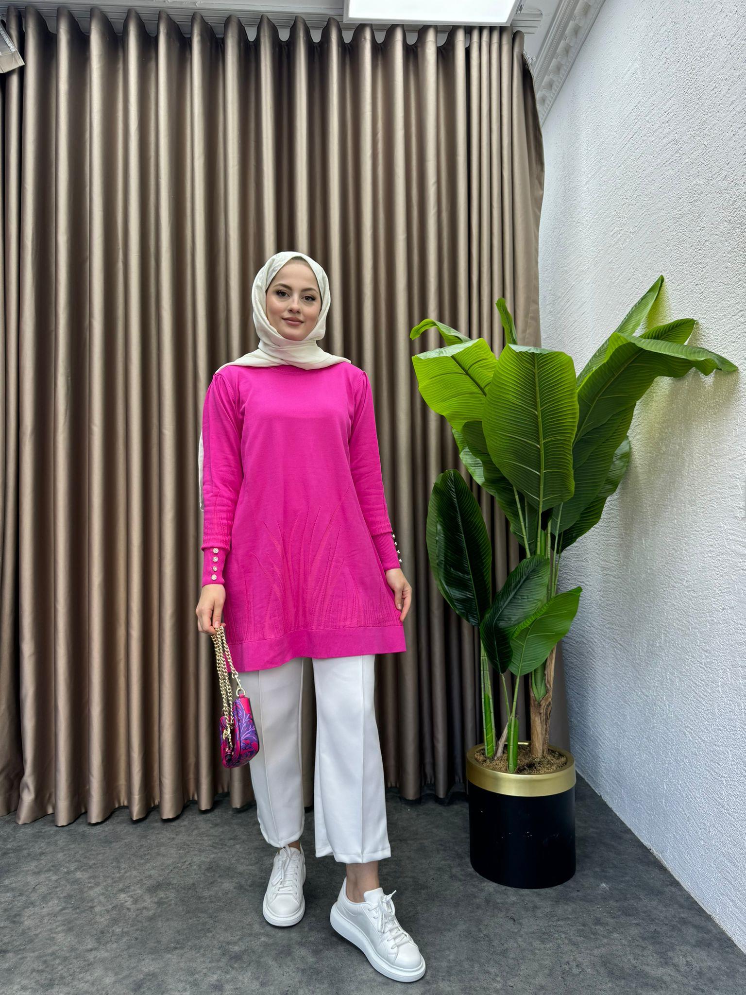 Leaf Pattern Merserized Sweater Fuchsia