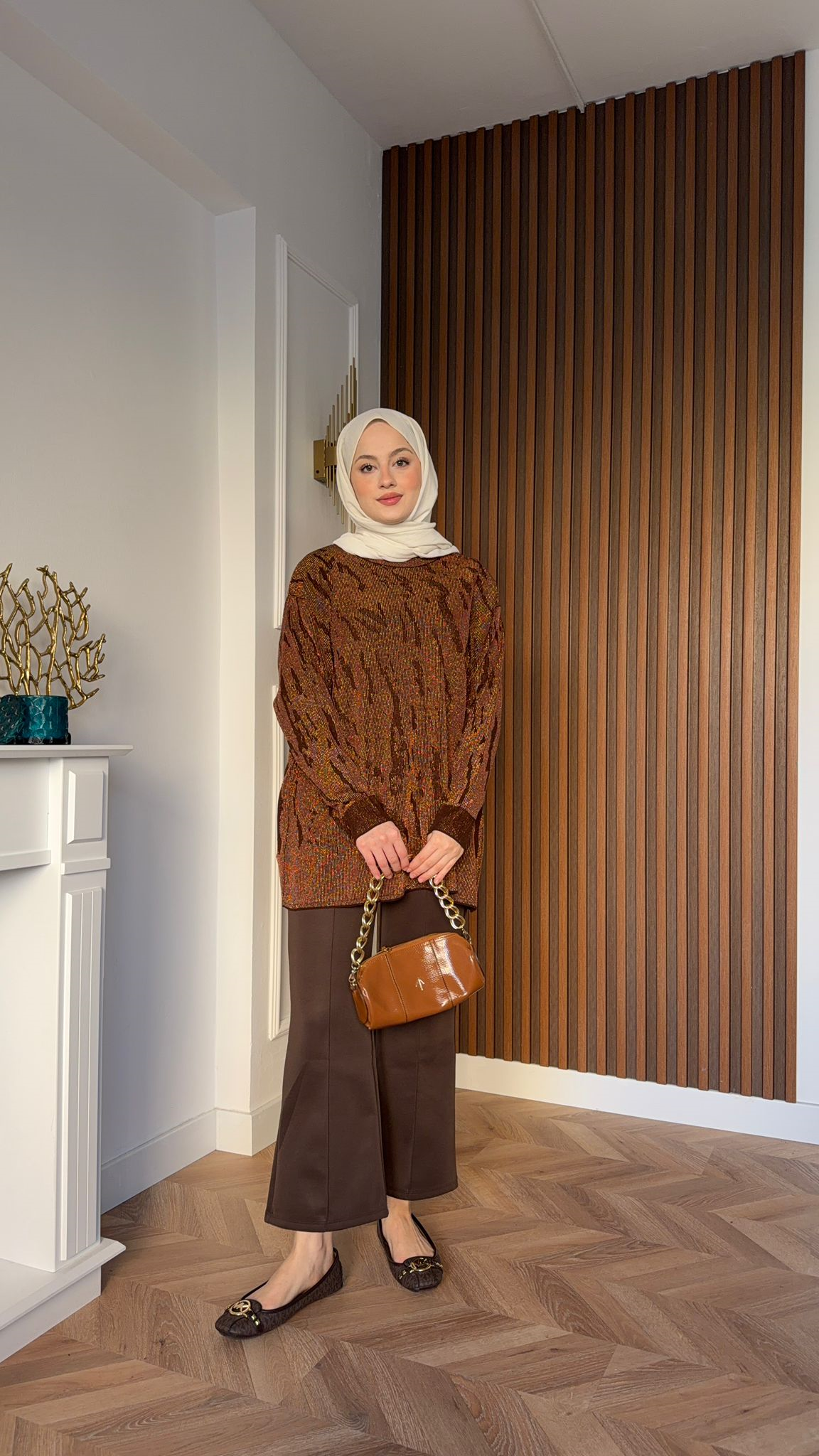 MEYSADESIGN MERSERIZED Zebra Desenli Simli Merserize Tunik Acı Kahve