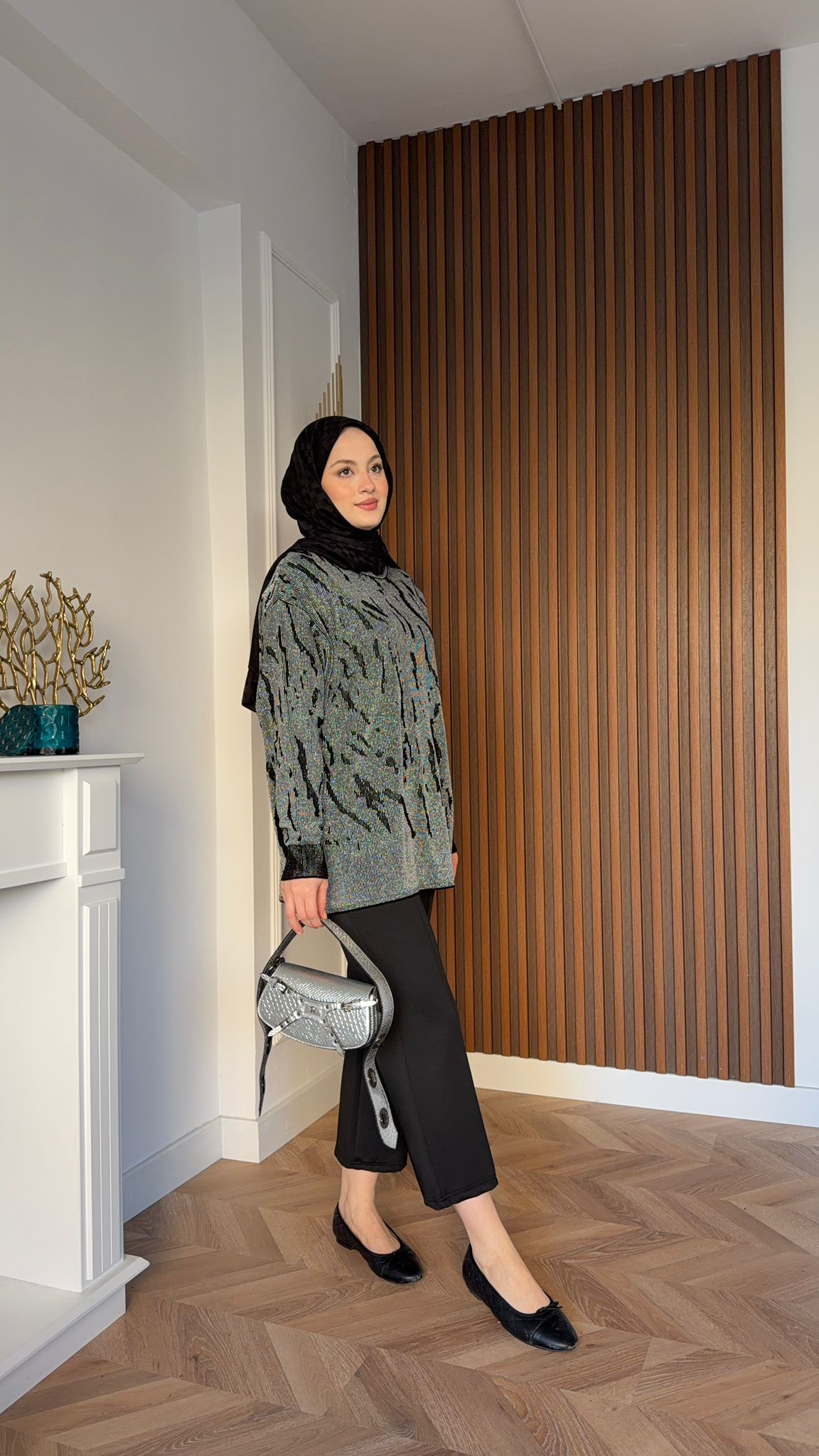 MEYSADESIGN MERSERIZED Zebra Desenli Simli Merserize Tunik Siyah