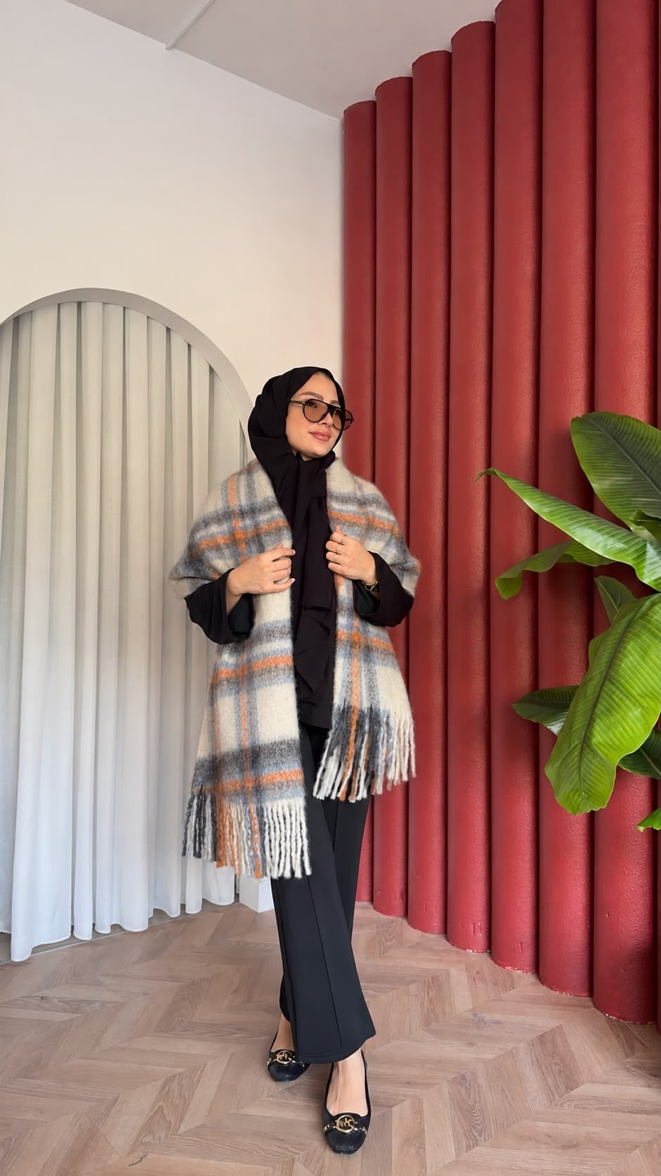 MEYSADESIGN OMUZ ATKISI Ekose Desenli Atkı Mavi Turuncu