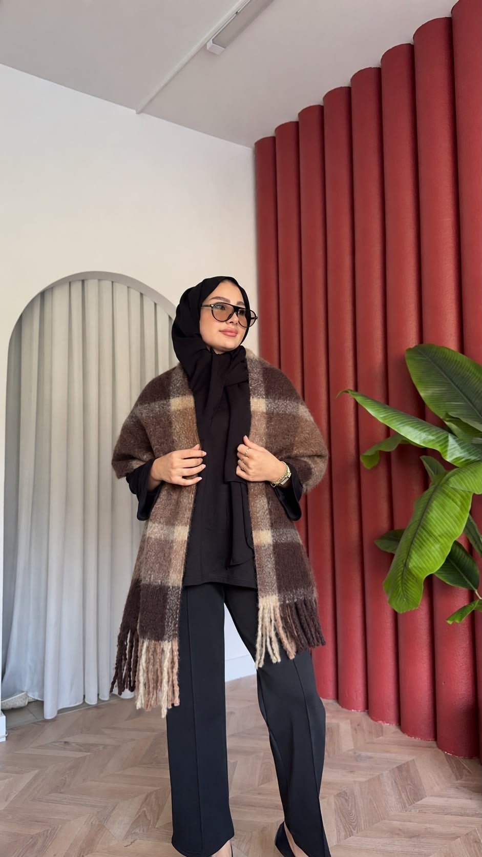 MEYSADESIGN OMUZ ATKISI Ekose Desenli Atkı Kahve
