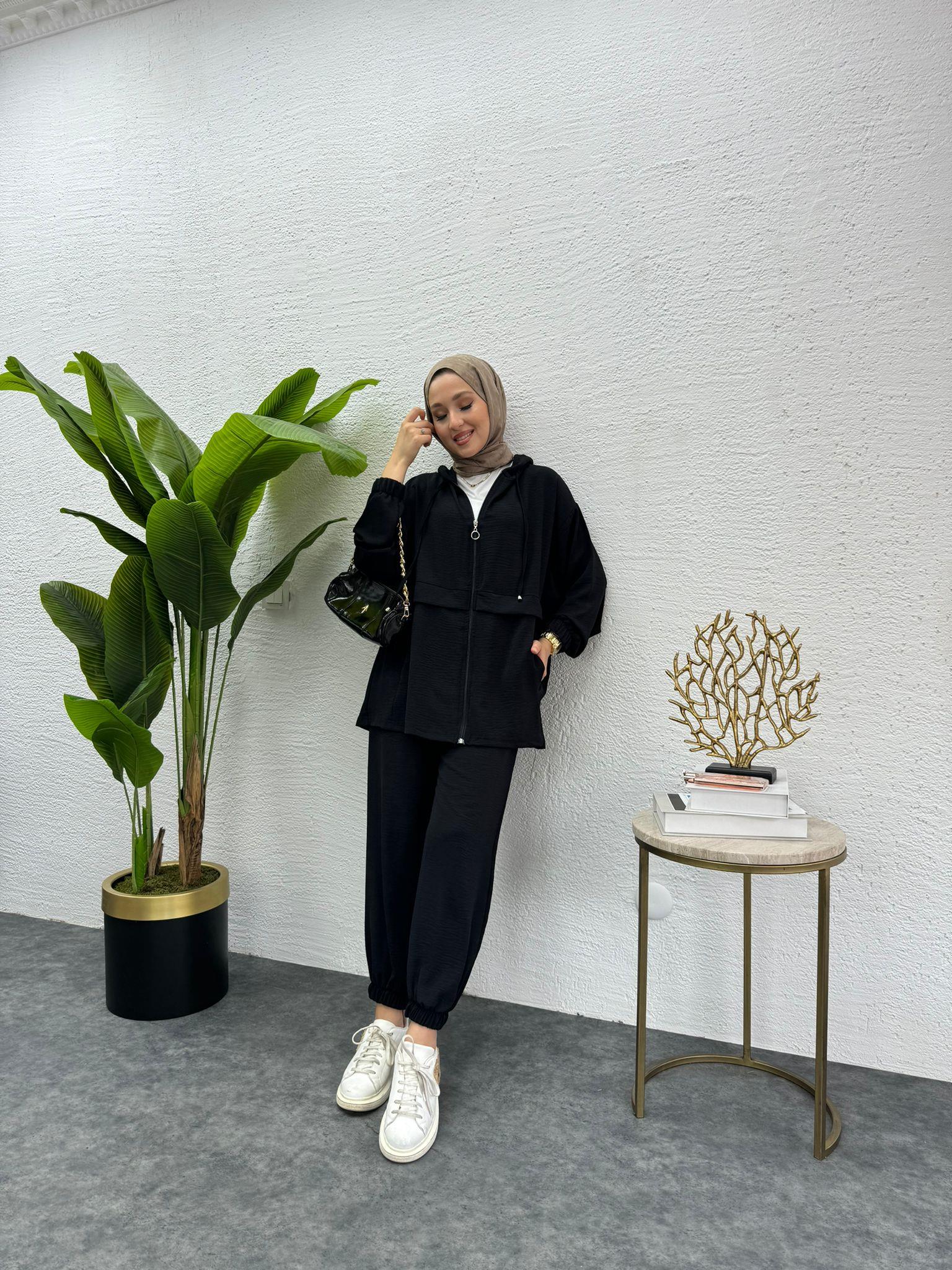 MEYSADESIGN PANTOLON TAKIM Aerobin Fermuarlı İkili Takım Siyah