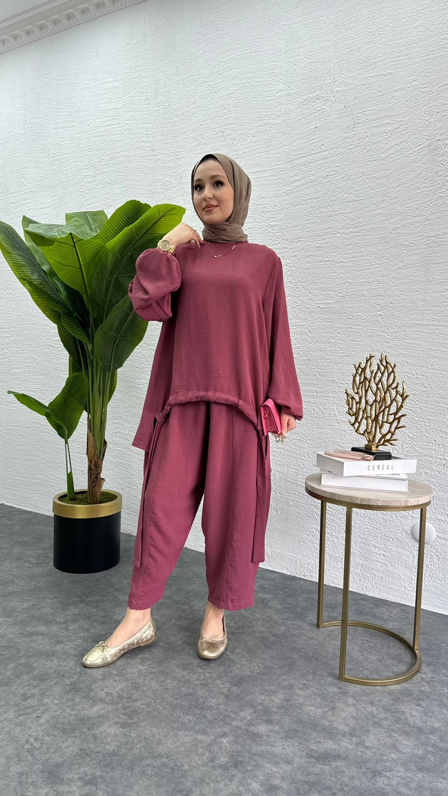 MEYSADESIGN PANTOLON TAKIM Aerobin Şalvar İkili Takım Pembe