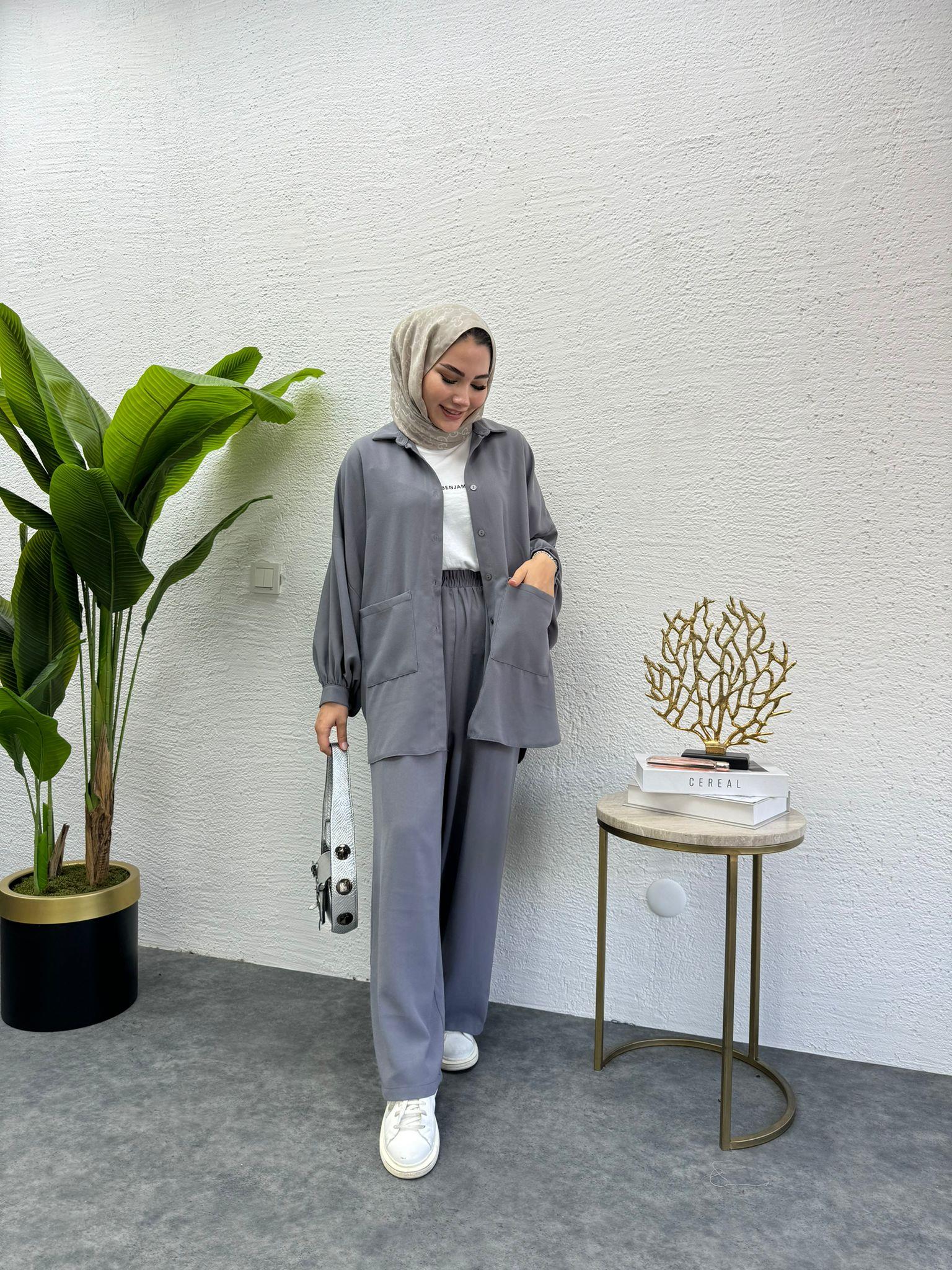 MEYSADESIGN PANTOLON TAKIM Balon Kol Cepli İkili Takım Gri