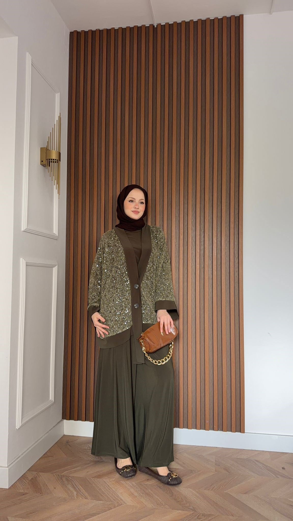 MEYSADESIGN PANTOLON TAKIM Becca Payetli Sandy Üçlü Takım Haki