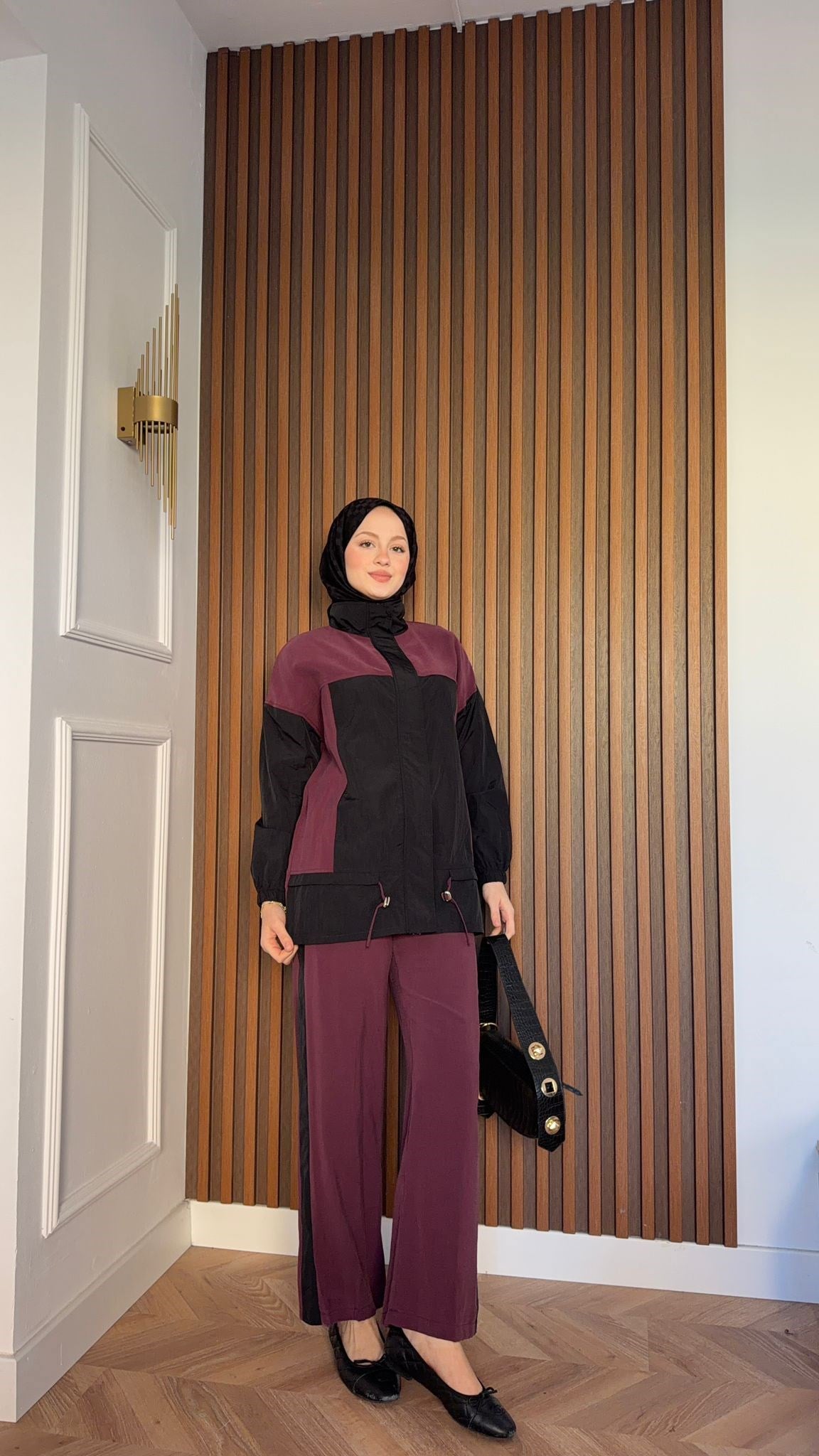 MEYSADESIGN PANTOLON TAKIM Bihter Nervürlü İkili Takım Bordo Siyah