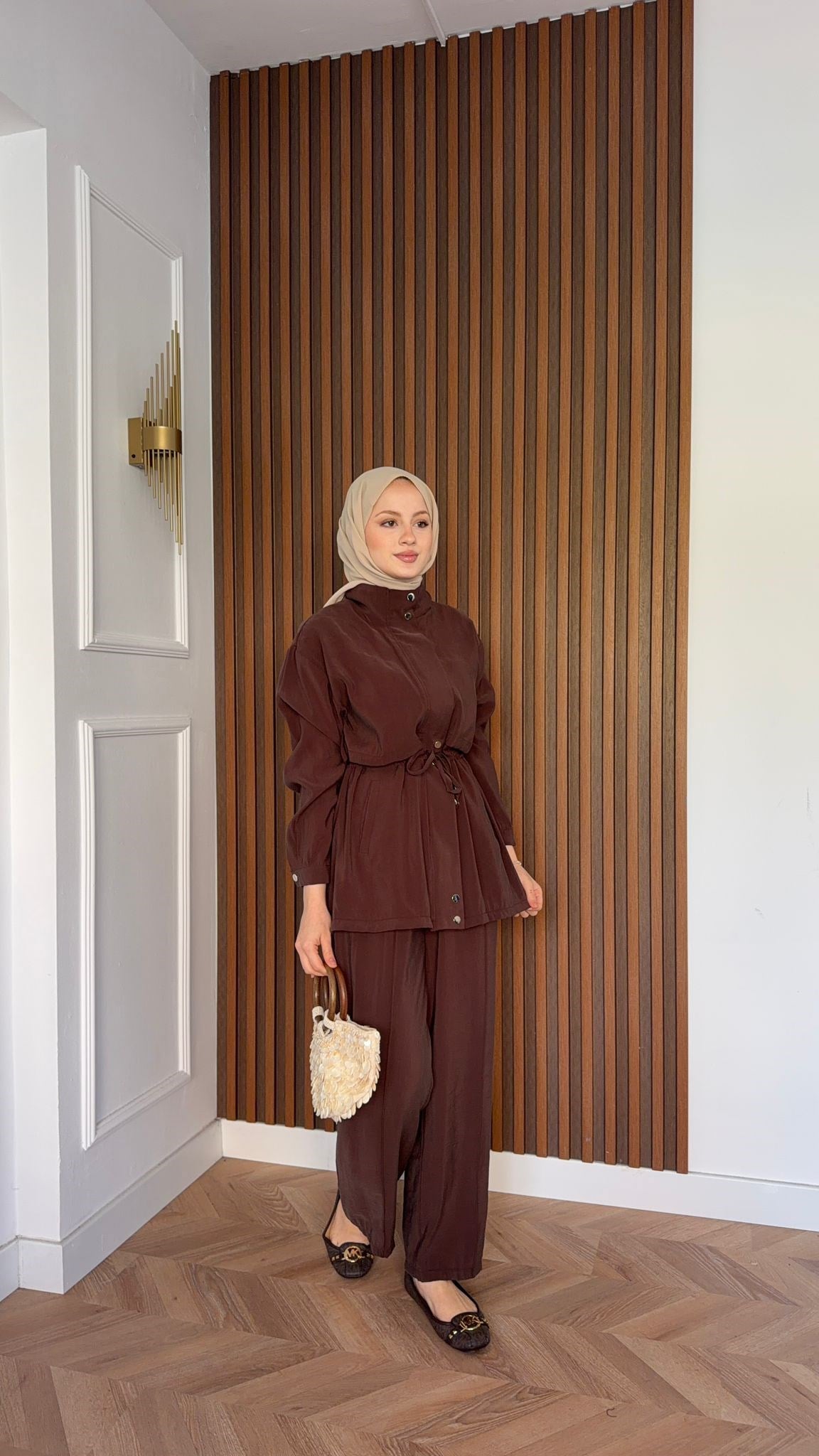 MEYSADESIGN PANTOLON TAKIM Çıtçıtlı Tensel  İkili Takım Acı Kahve