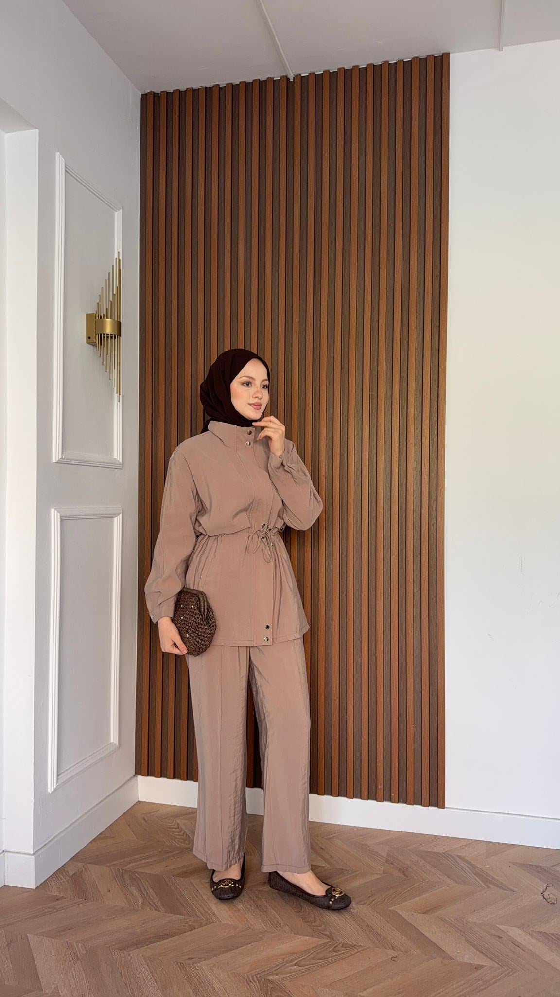 MEYSADESIGN PANTOLON TAKIM Çıtçıtlı Tensel  İkili Takım Bej