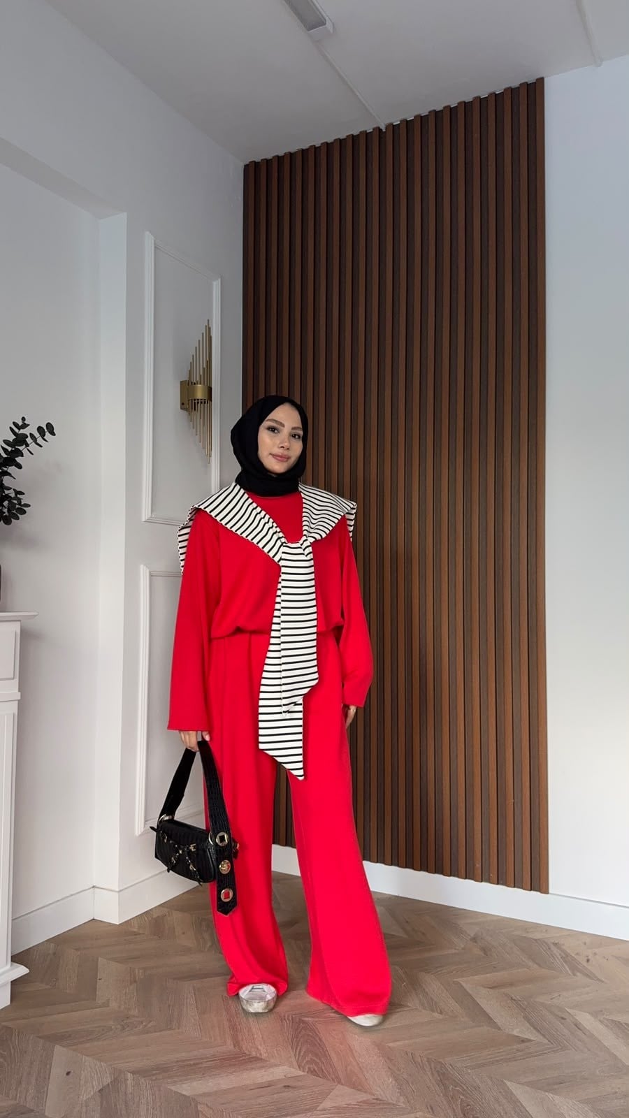 MEYSADESIGN PANTOLON TAKIM Çizgi Desen Atkılı Oysh İkili Takım Kırmızı
