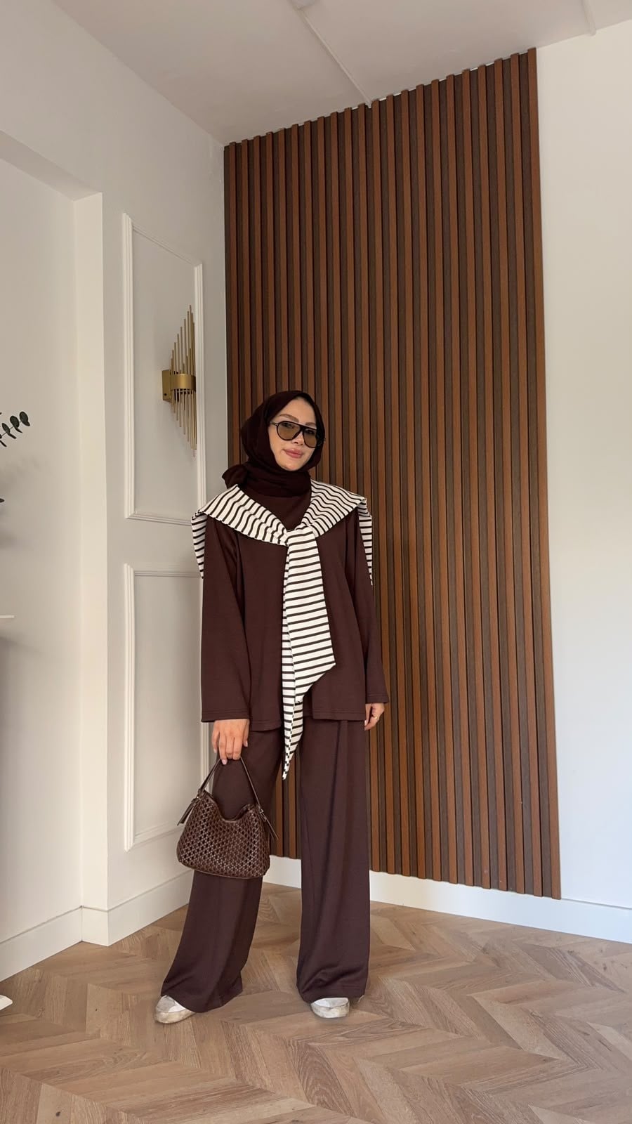 MEYSADESIGN PANTOLON TAKIM Çizgi Desen Atkılı Oysh İkili Takım Acı Kahve