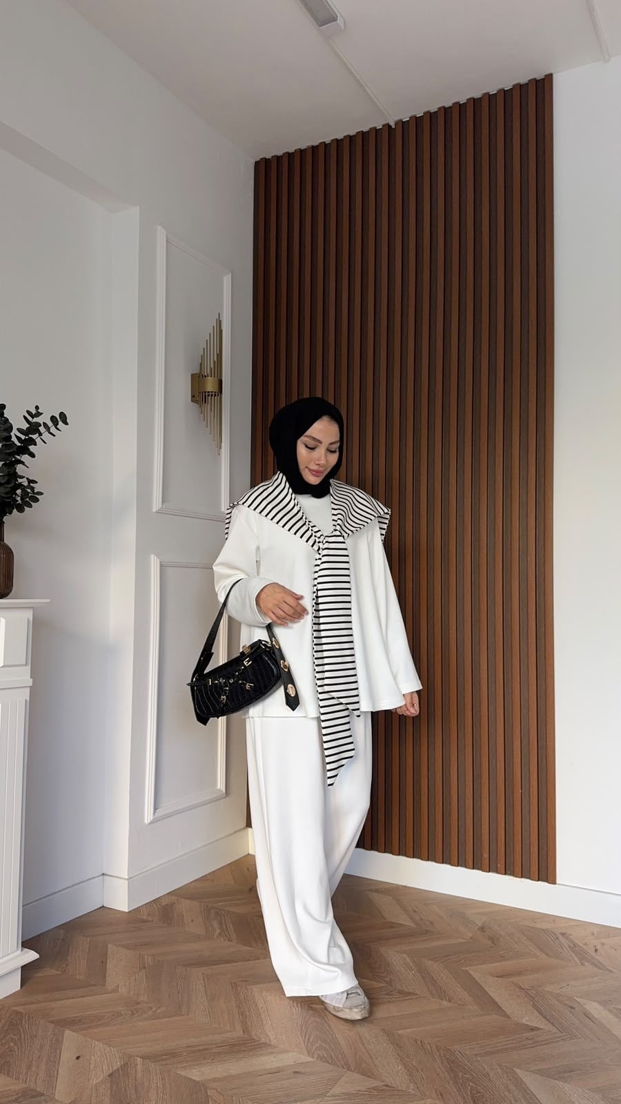 MEYSADESIGN PANTOLON TAKIM Çizgi Desen Atkılı Oysh İkili Takım Beyaz