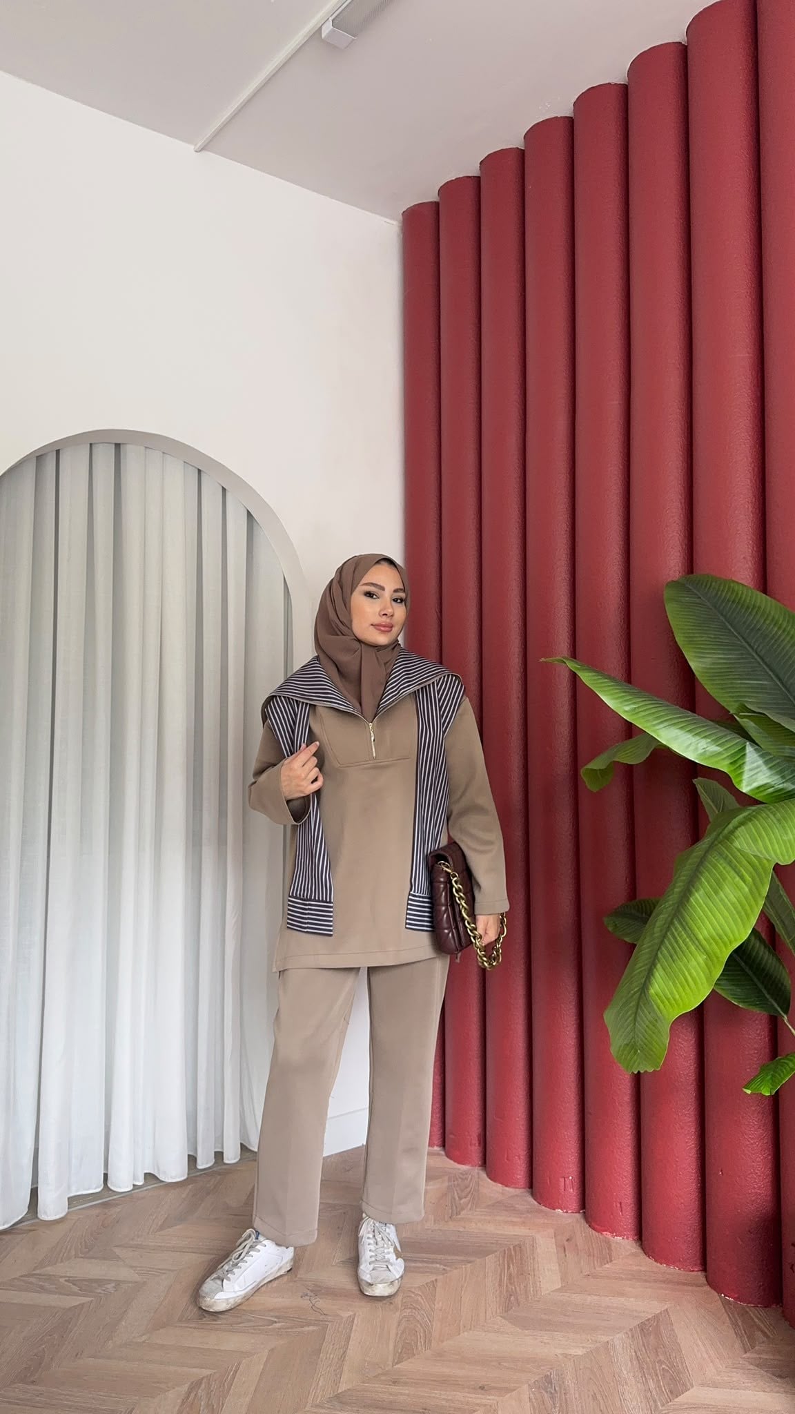 MEYSADESIGN PANTOLON TAKIM Çizgili Gömlek Detaylı Scuba Takım Bej