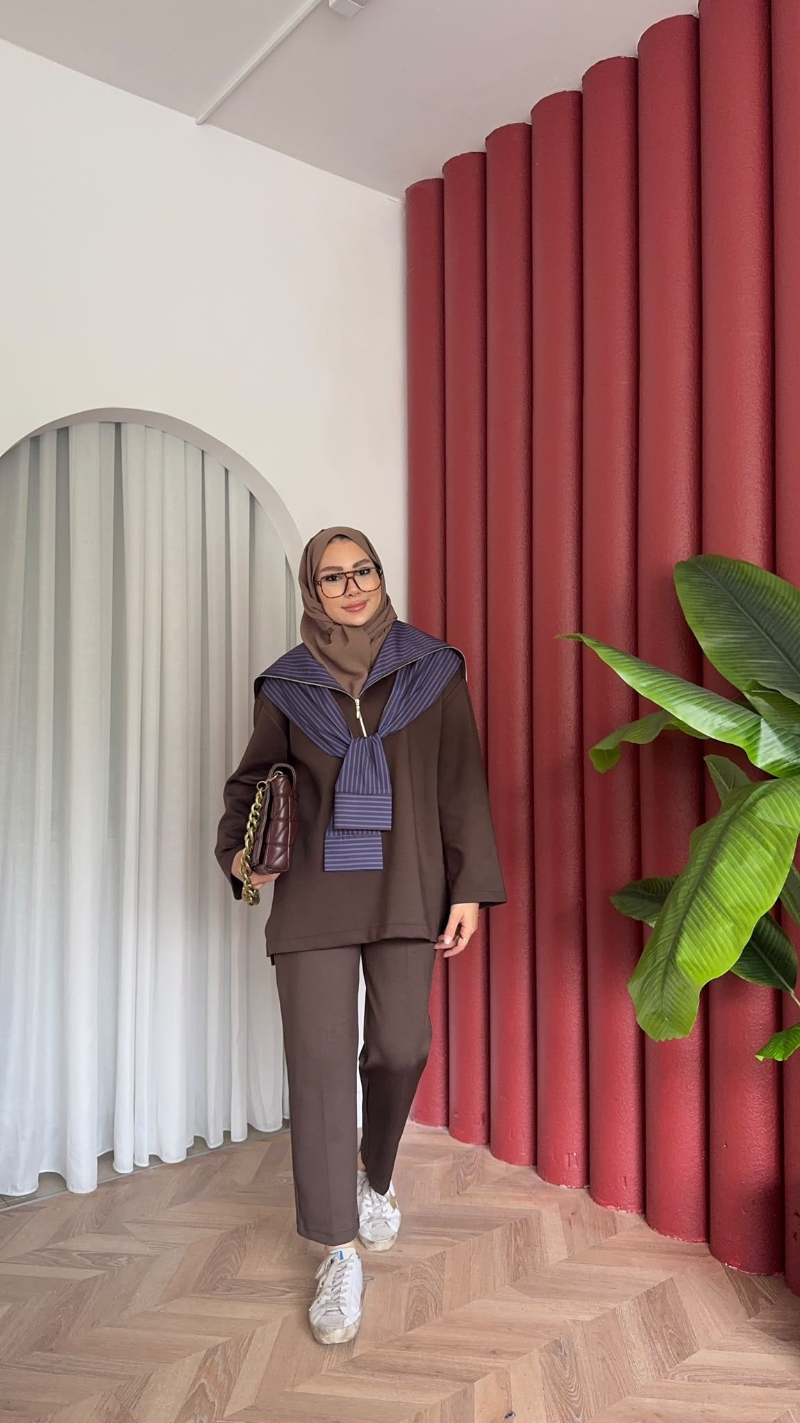 MEYSADESIGN PANTOLON TAKIM Çizgili Gömlek Detaylı Scuba Takım Acı Kahve