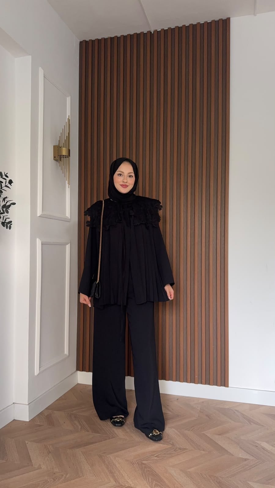 MEYSADESIGN PANTOLON TAKIM Dantel Yakalı Pileli İkili Takım Siyah