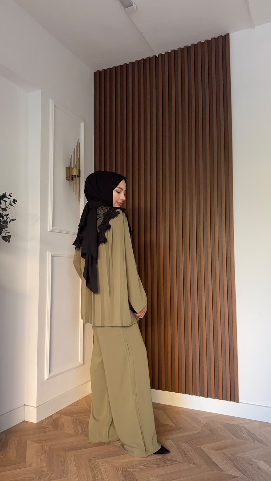 MEYSADESIGN PANTOLON TAKIM Dantel Yakalı Pileli İkili Takım Haki