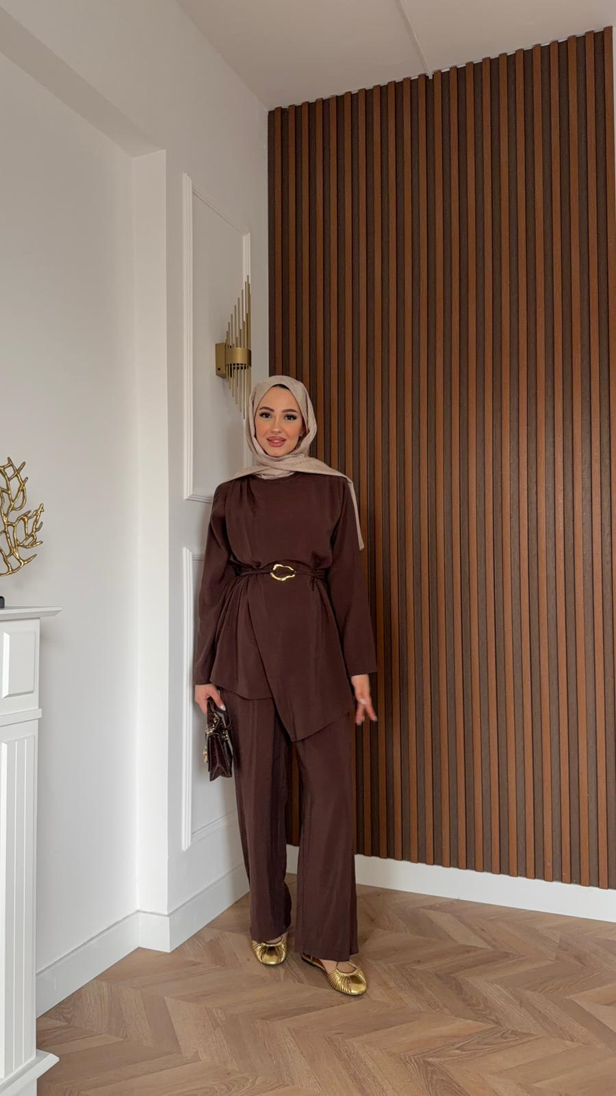 MEYSADESIGN TROUSER SETS Defne Tensel İkili Takım Acı Kahve