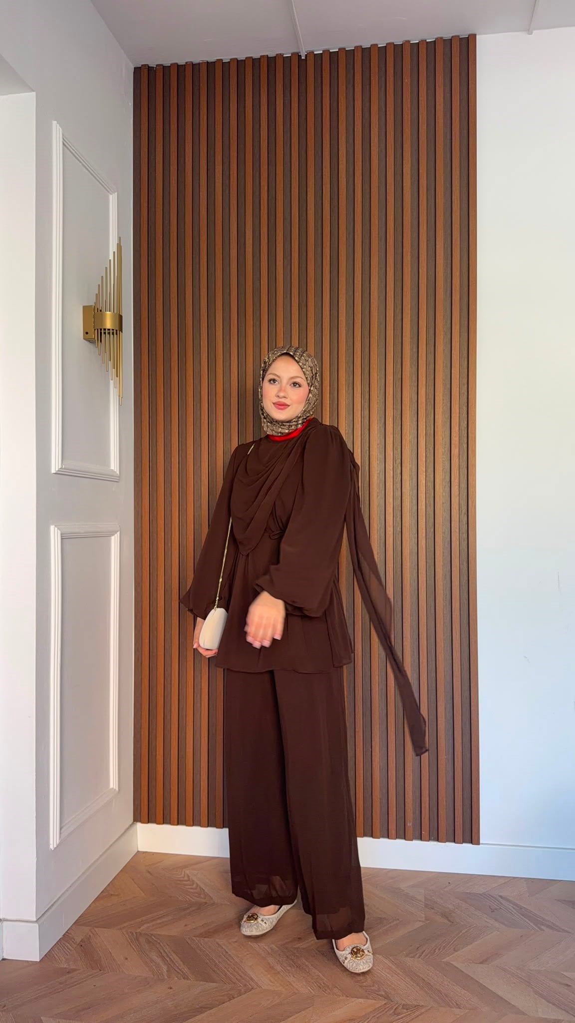MEYSADESIGN PANTOLON TAKIM Drape Detaylı Şifon Takım Acı Kahve