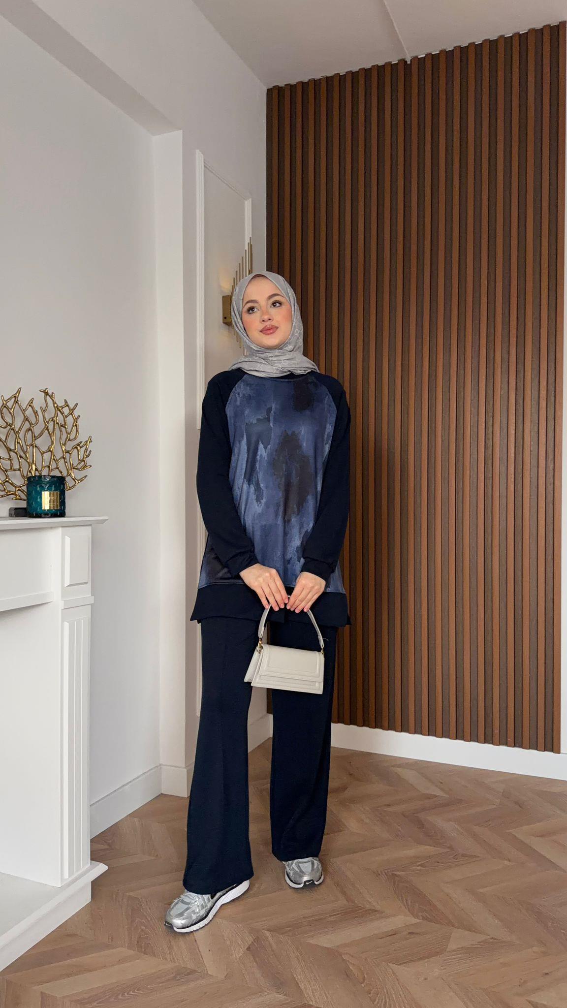 MEYSADESIGN PANTOLON TAKIM Efil Baskılı İkili Takım Lacivert