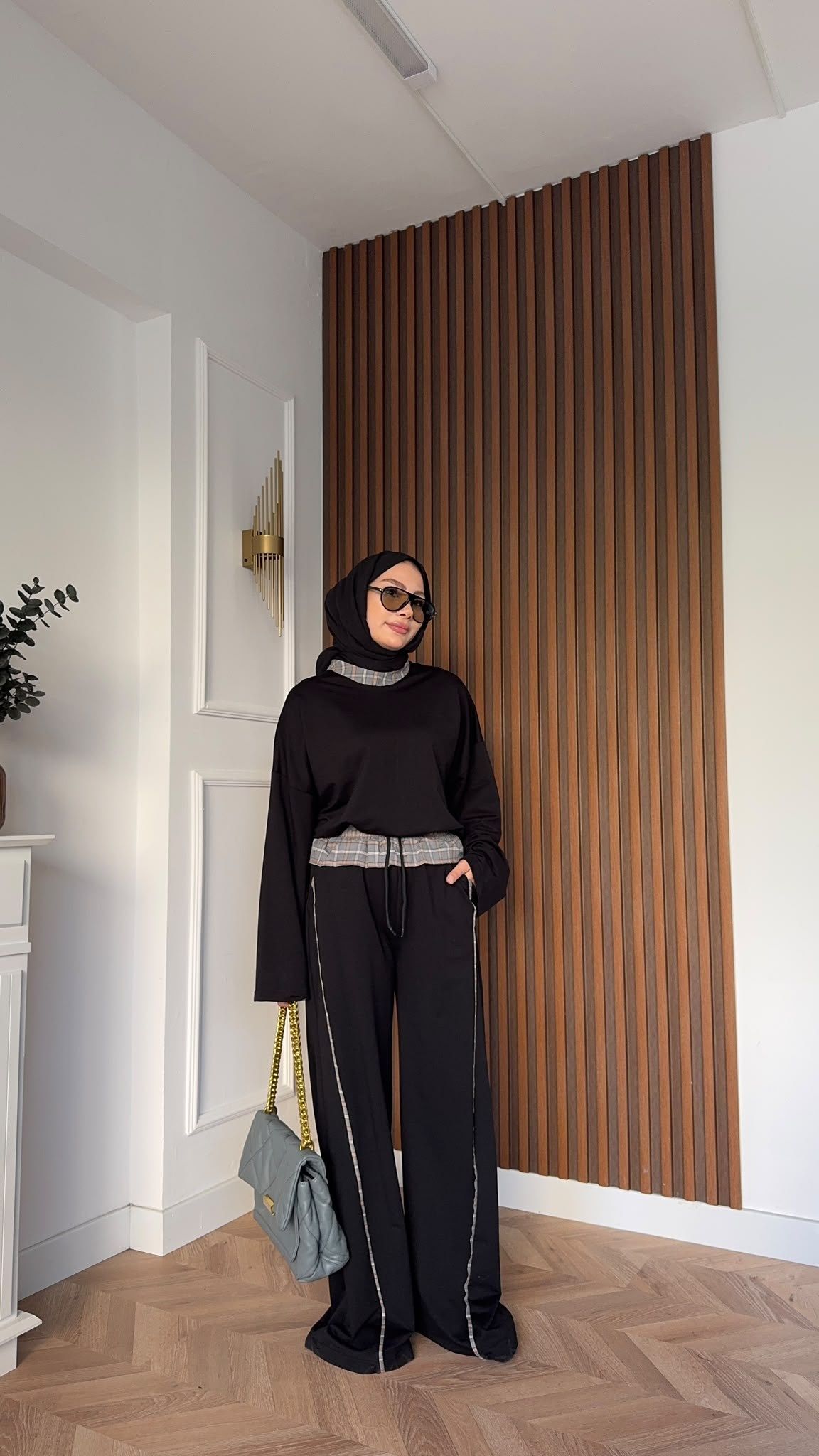 MEYSADESIGN PANTOLON TAKIM Ekose Detaylı İkili Takım Siyah