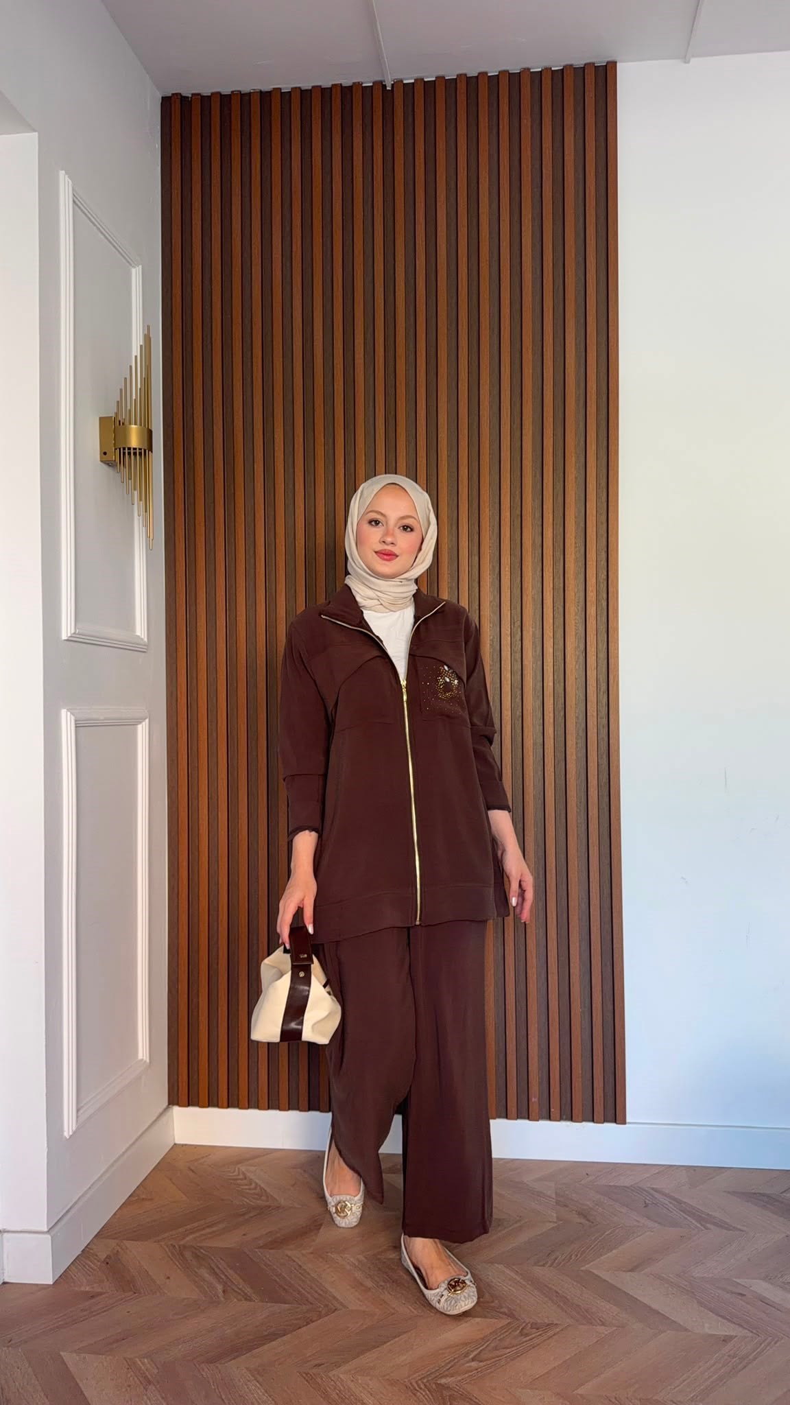 MEYSADESIGN PANTOLON TAKIM Gold Taş Baskılı Tensel İkili Takım Acı Kahve