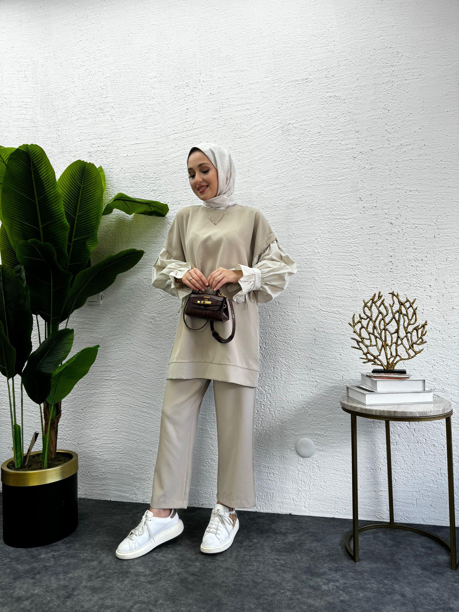 MEYSADESIGN PANTOLON TAKIM Gömlek Detaylı Krep İkili Takım Bej