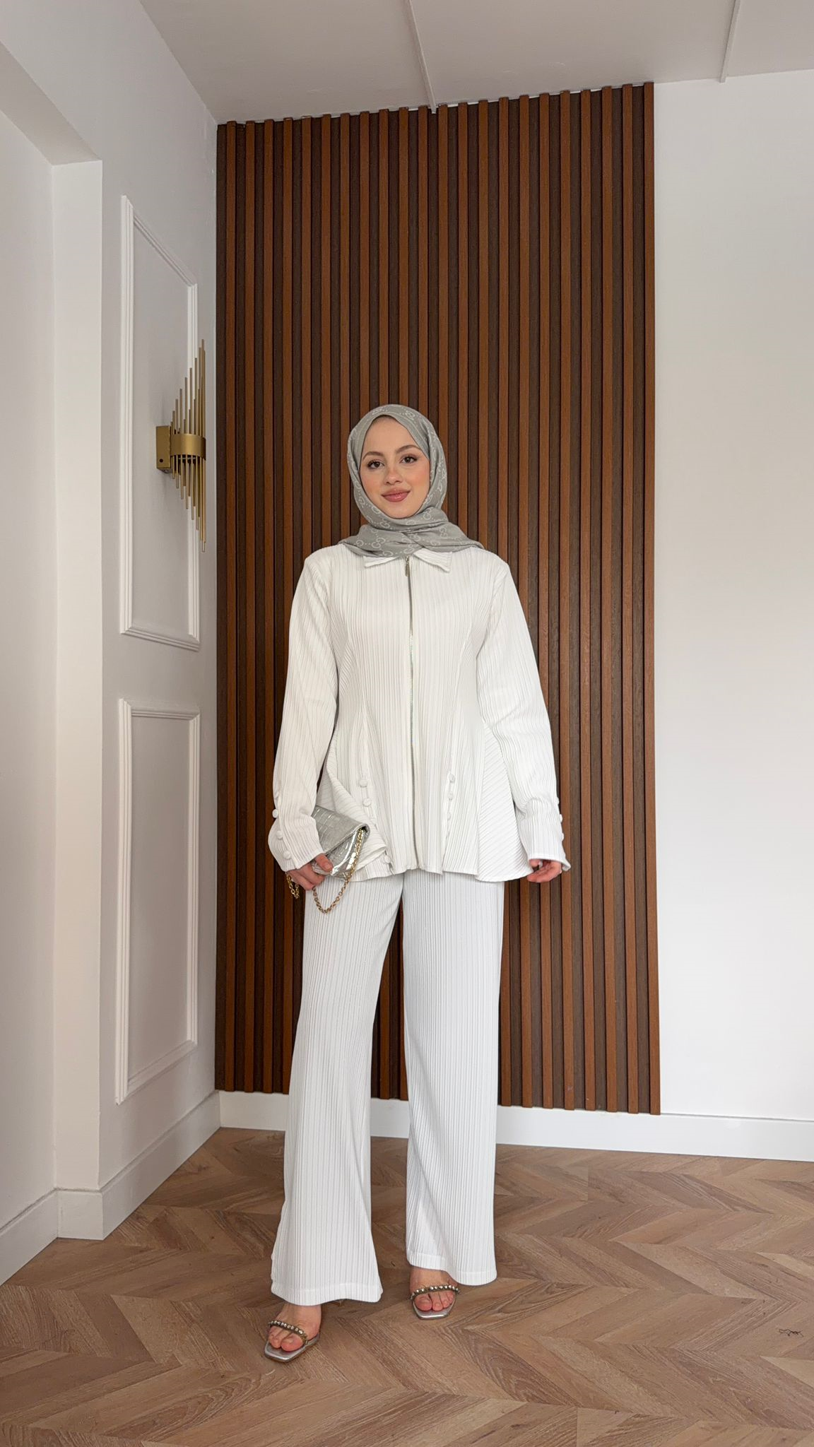 MEYSADESIGN TROUSER SETS İkon Simli Pens Detaylı İkili Takım Beyaz