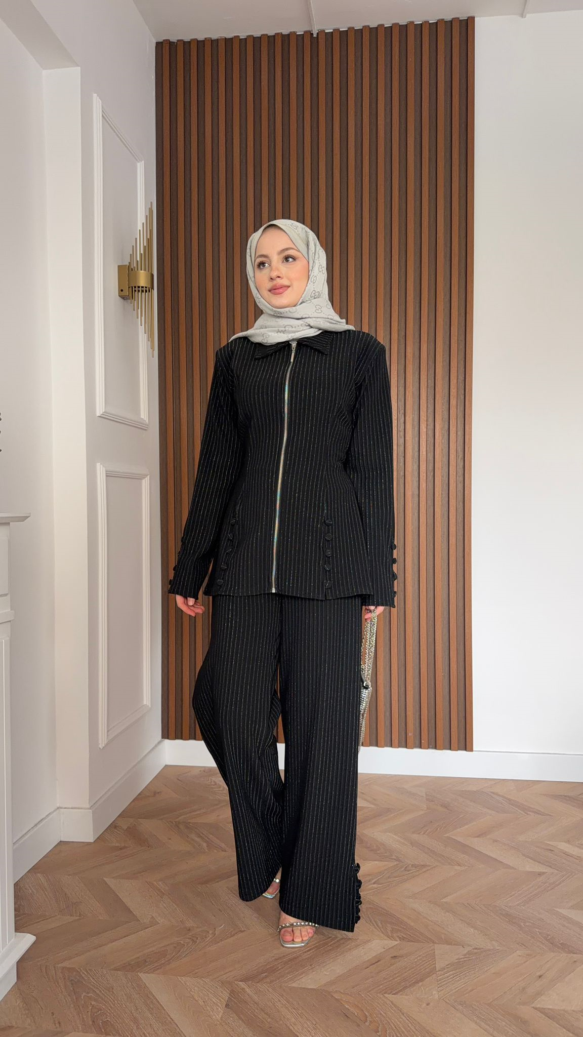 MEYSADESIGN TROUSER SETS İkon Simli Pens Detaylı İkili Takım Siyah