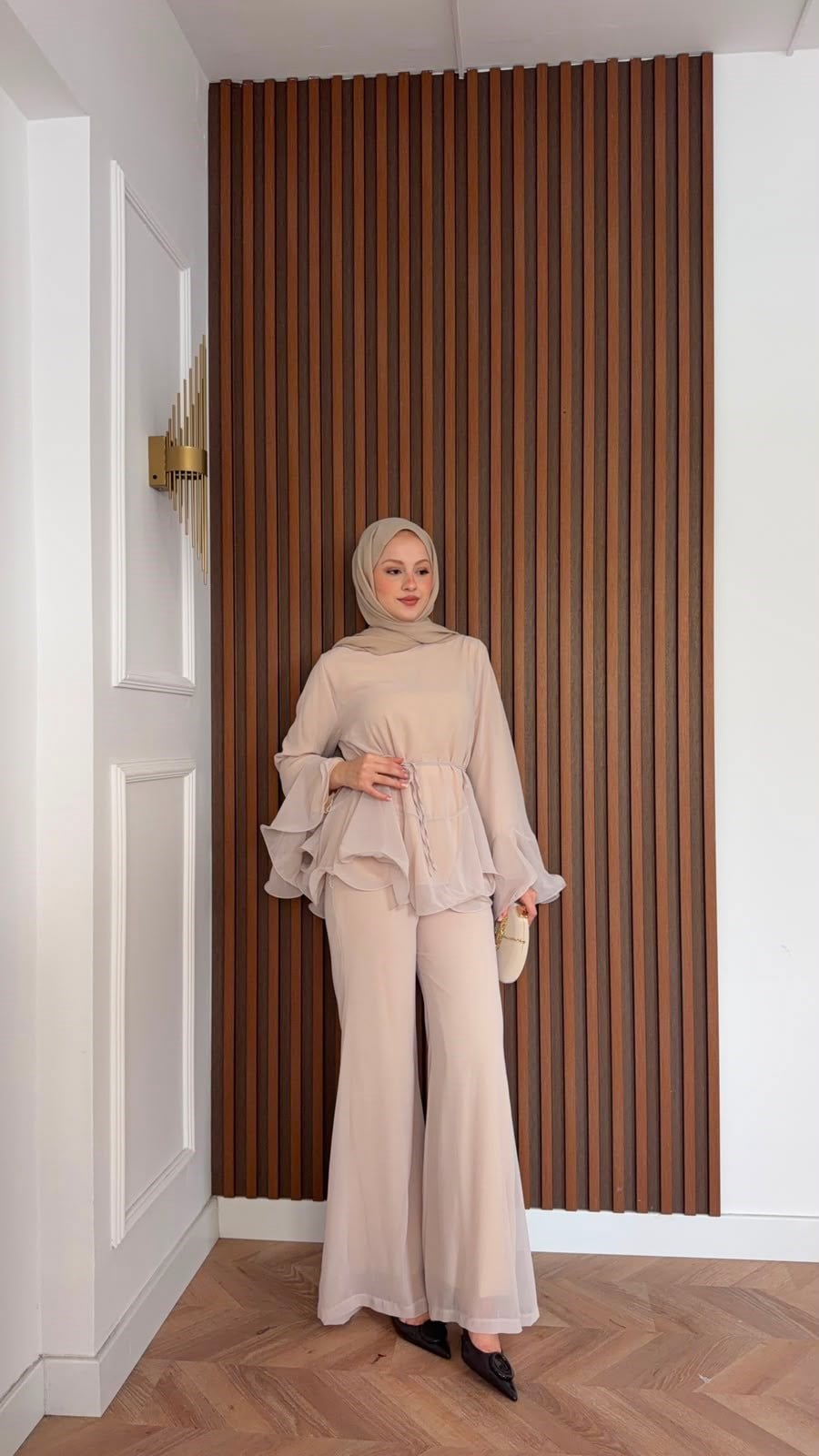 MEYSADESIGN PANTOLON TAKIM İspanyol Kol Şifon Pantolonlu Takım Bej