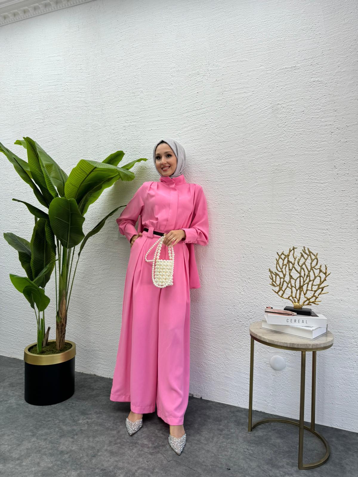 MEYSADESIGN PANTOLON TAKIM Krep Pileli Tulum Pembe