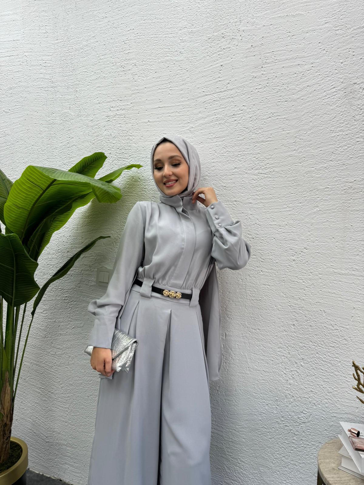 Crepe Pleated Jumpsuit Grey