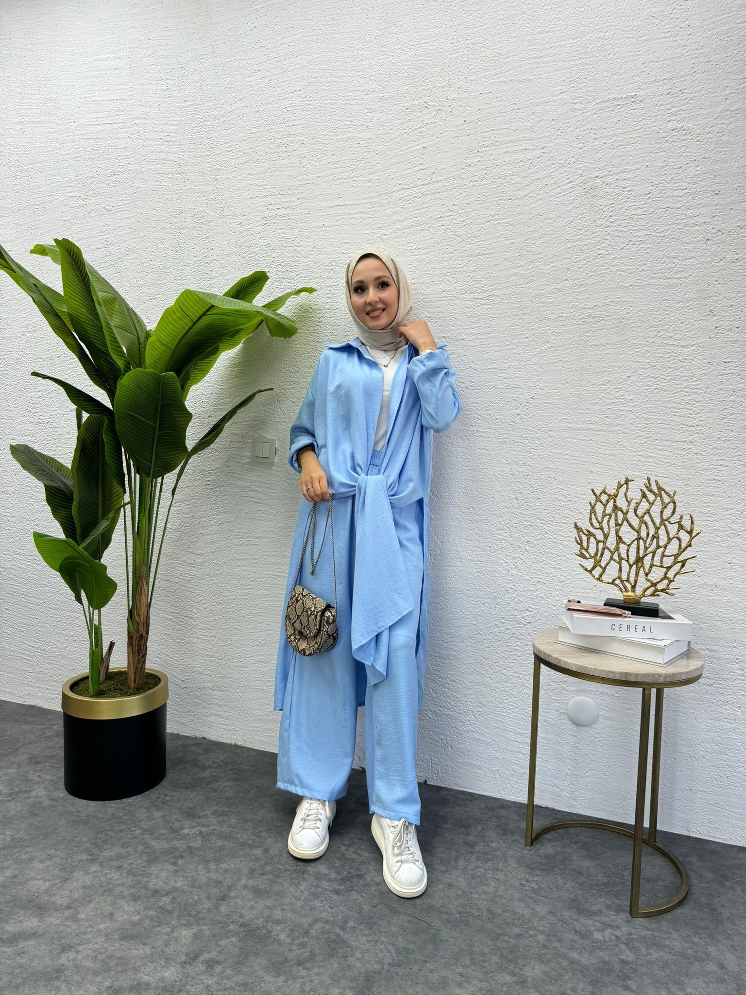 MEYSADESIGN PANTOLON TAKIM Lina Keten İkili Takım Açık Mavi
