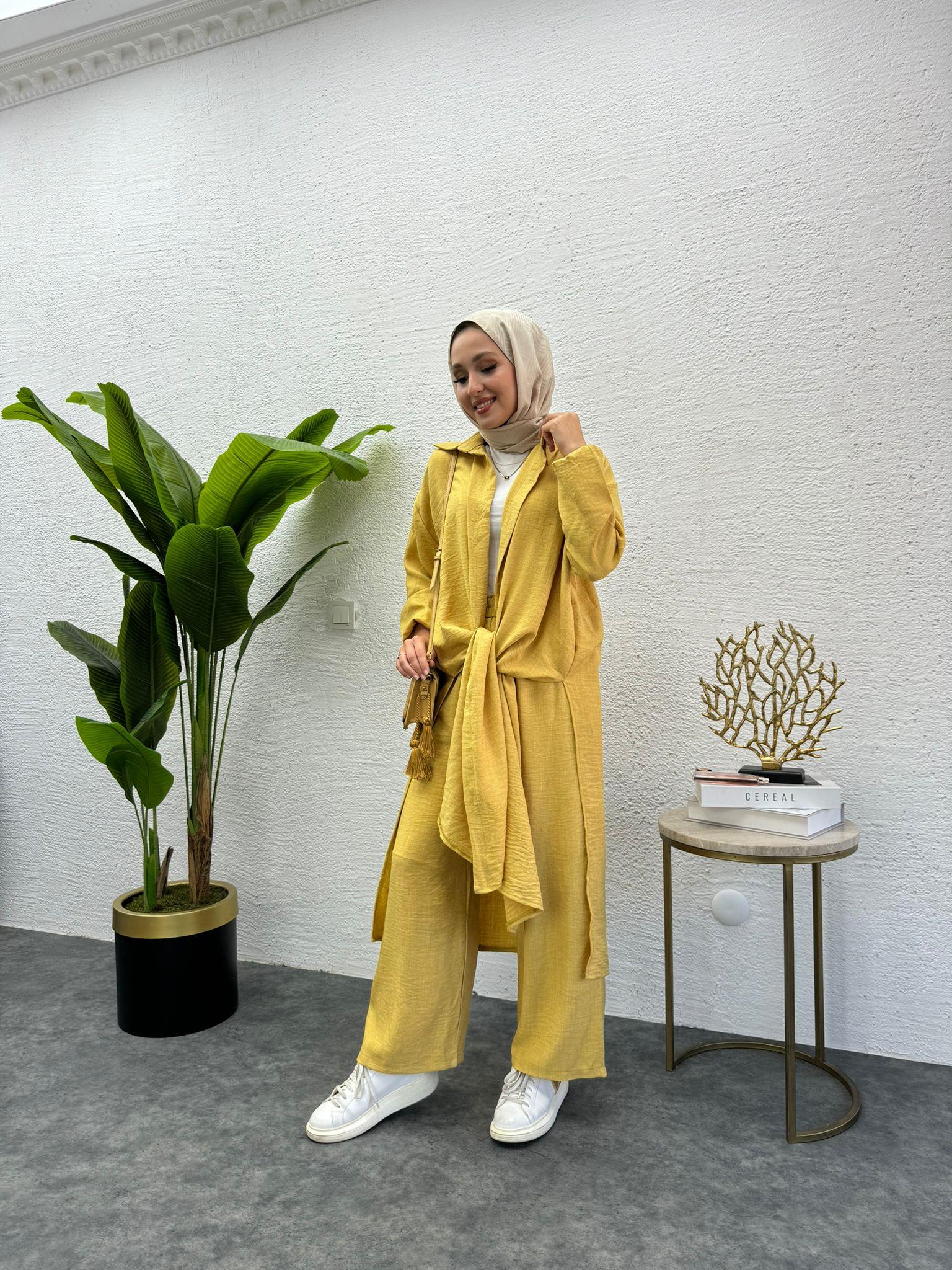 MEYSADESIGN PANTOLON TAKIM Lina Keten İkili Takım Hardal