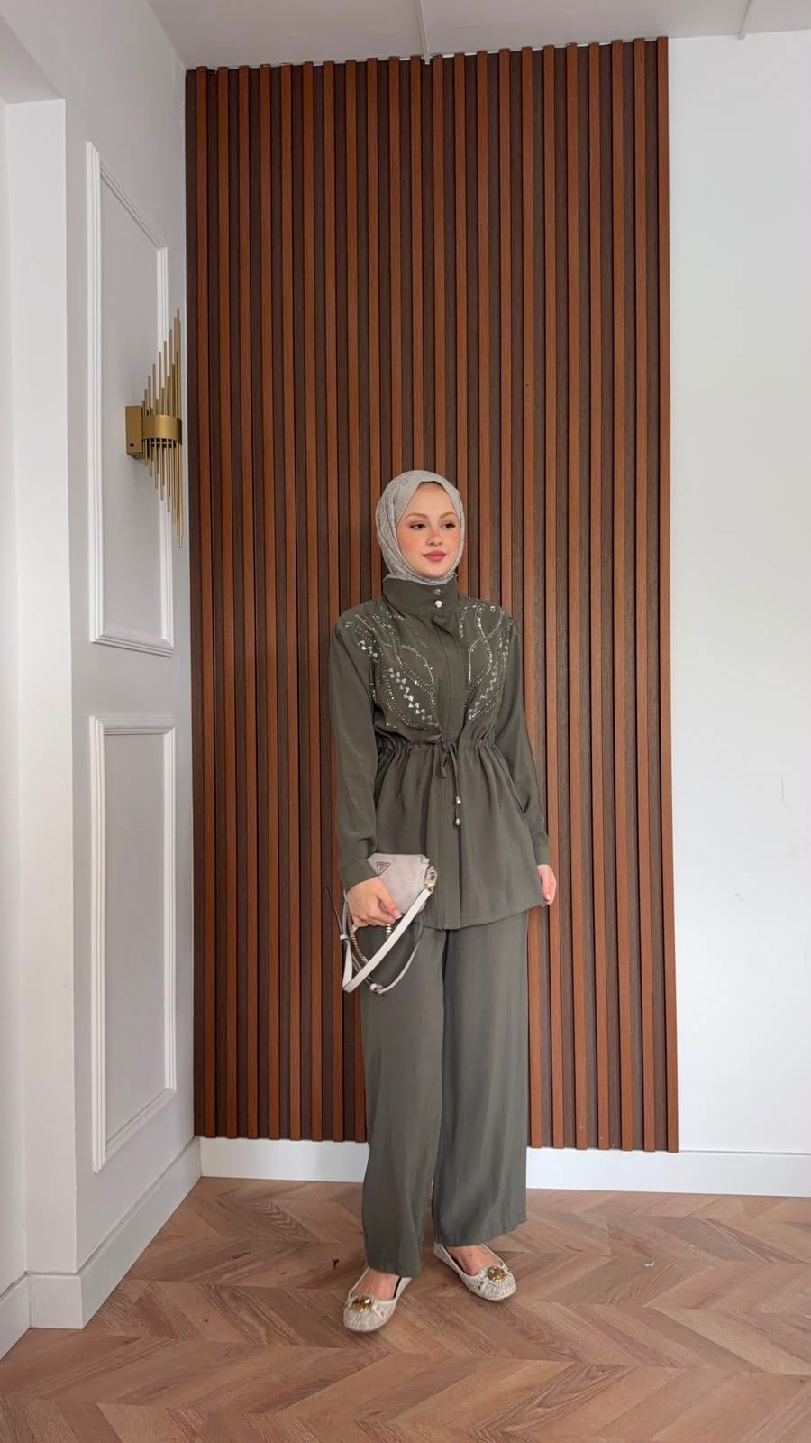 MEYSADESIGN PANTOLON TAKIM Özel Taş İşlemeli Tensel Pantolonlu Takım Haki