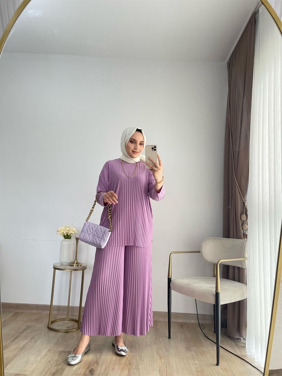 MEYSADESIGN PANTOLON TAKIM Piliseli Pantolonlu Tesettür Takım Lila