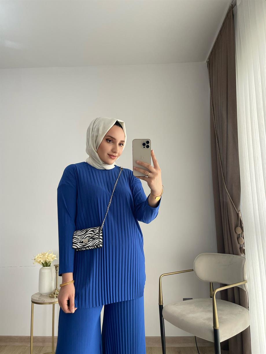 MEYSADESIGN PANTOLON TAKIM Piliseli Pantolonlu Tesettür Takım Saks Mavisi