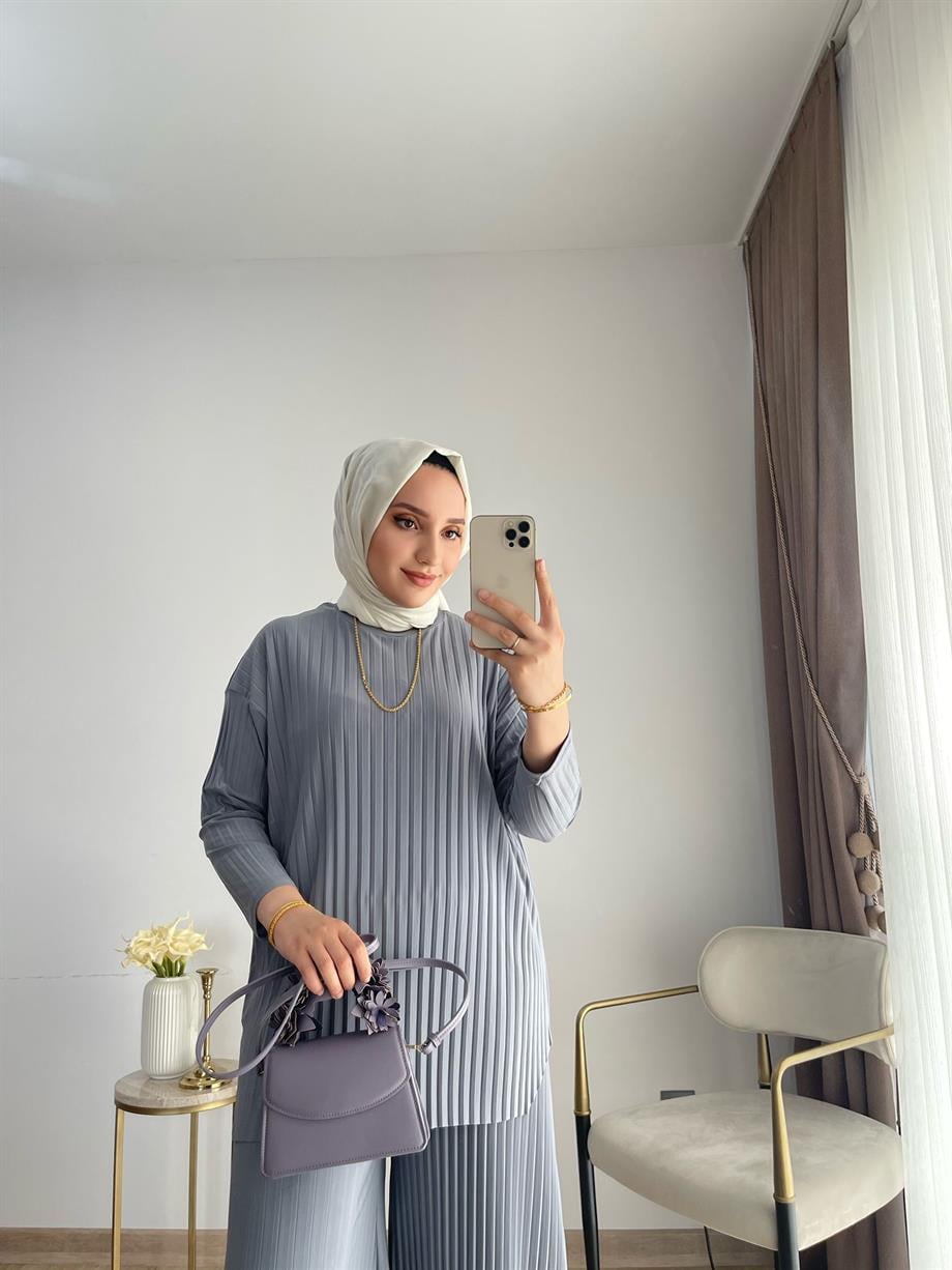 MEYSADESIGN PANTOLON TAKIM Piliseli Pantolonlu Tesettür Takım Gri