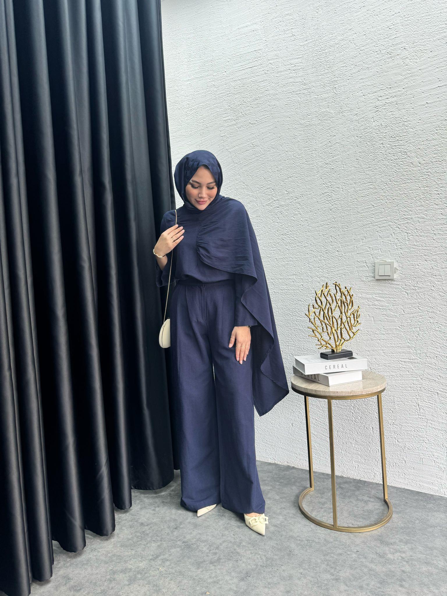 Premium Cape Detail Linen 2-Piece Set Navy