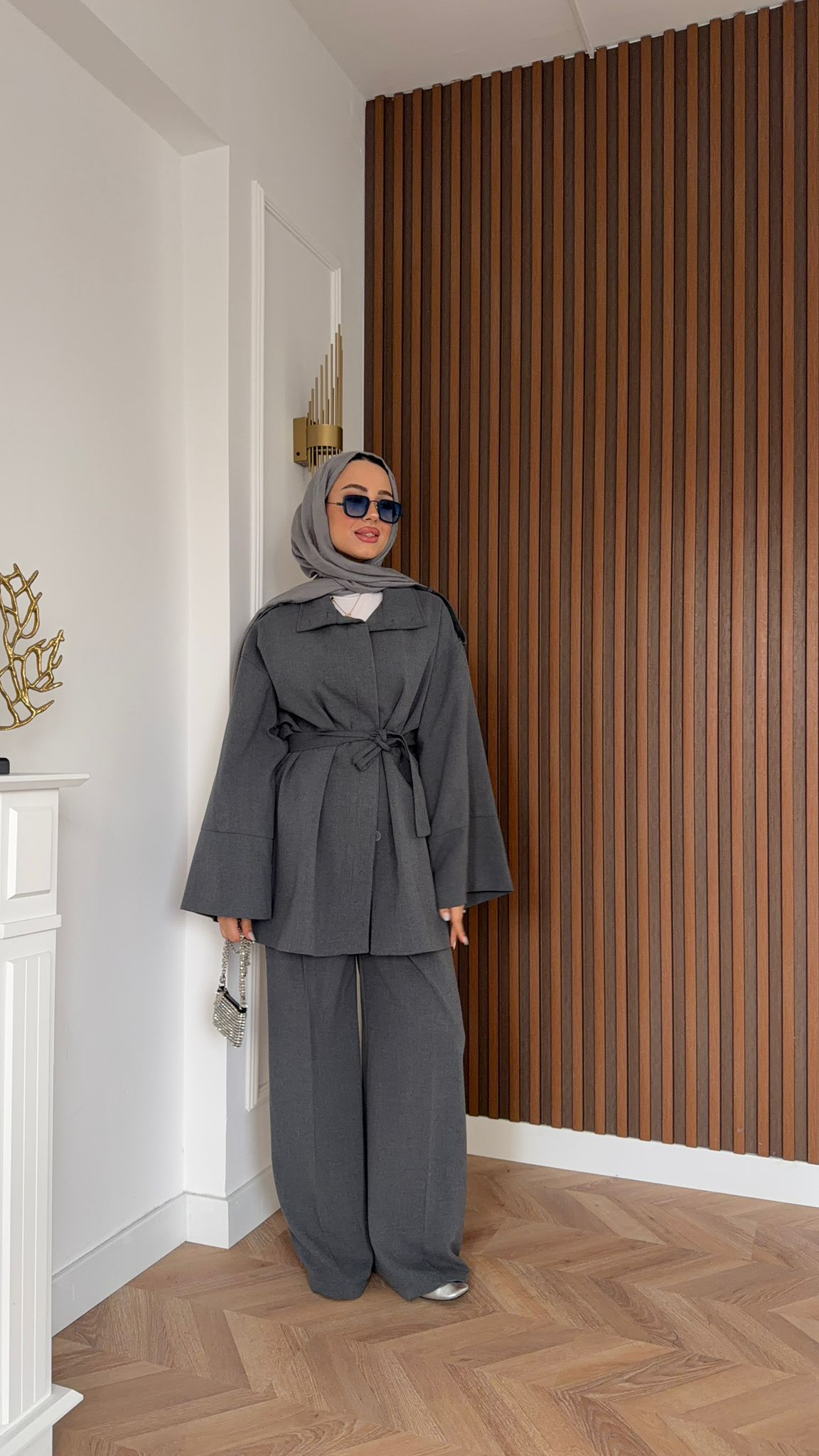 MEYSADESIGN TROUSER SETS Ribana Yakası Çift Düğmeli İkili Takım Gri