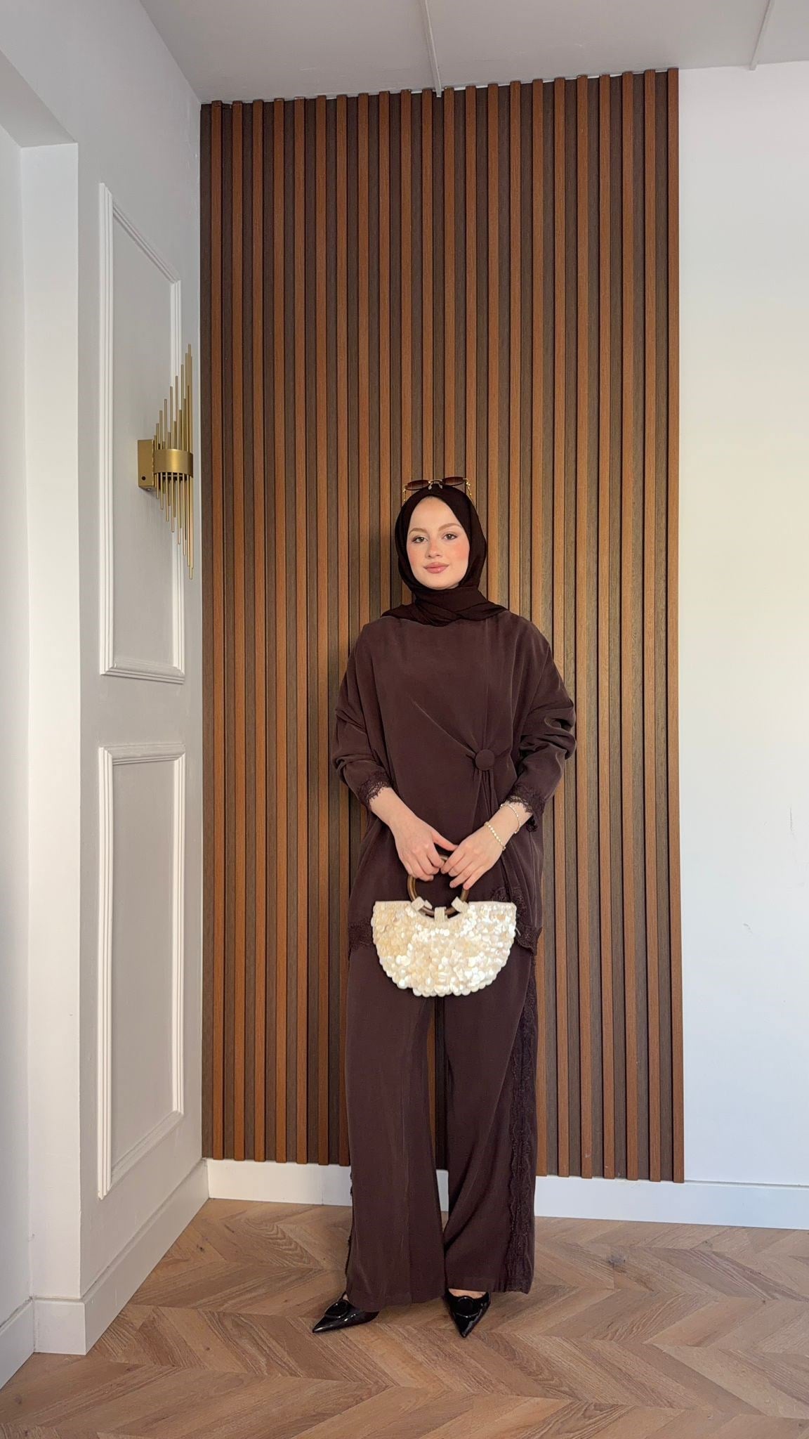 MEYSADESIGN PANTOLON TAKIM Roi Dantelli Tensel Pantolonlu Takım Acı Kahve